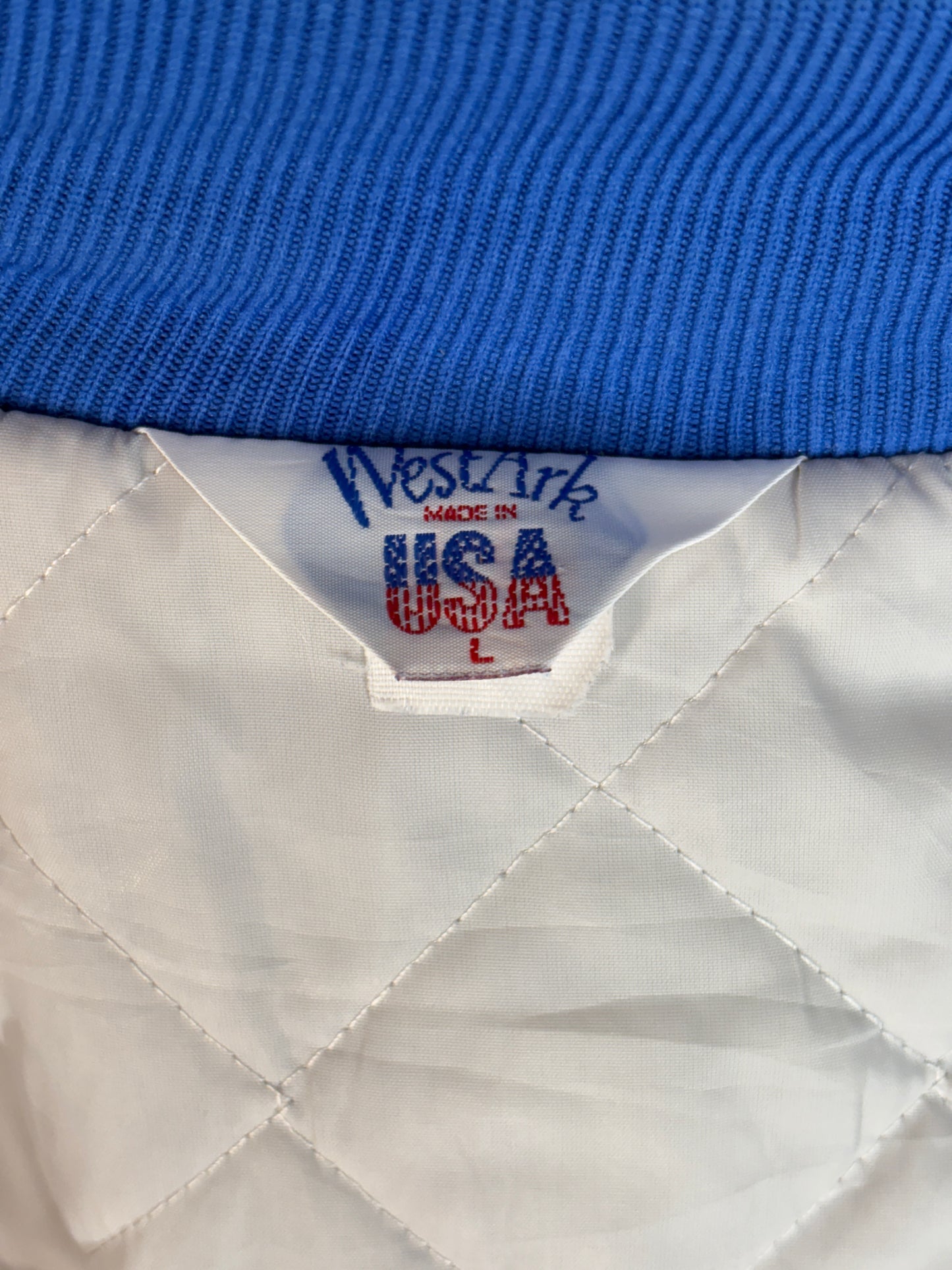 Size Large. Vintage 90s Blue Satin Jacket Made In USA