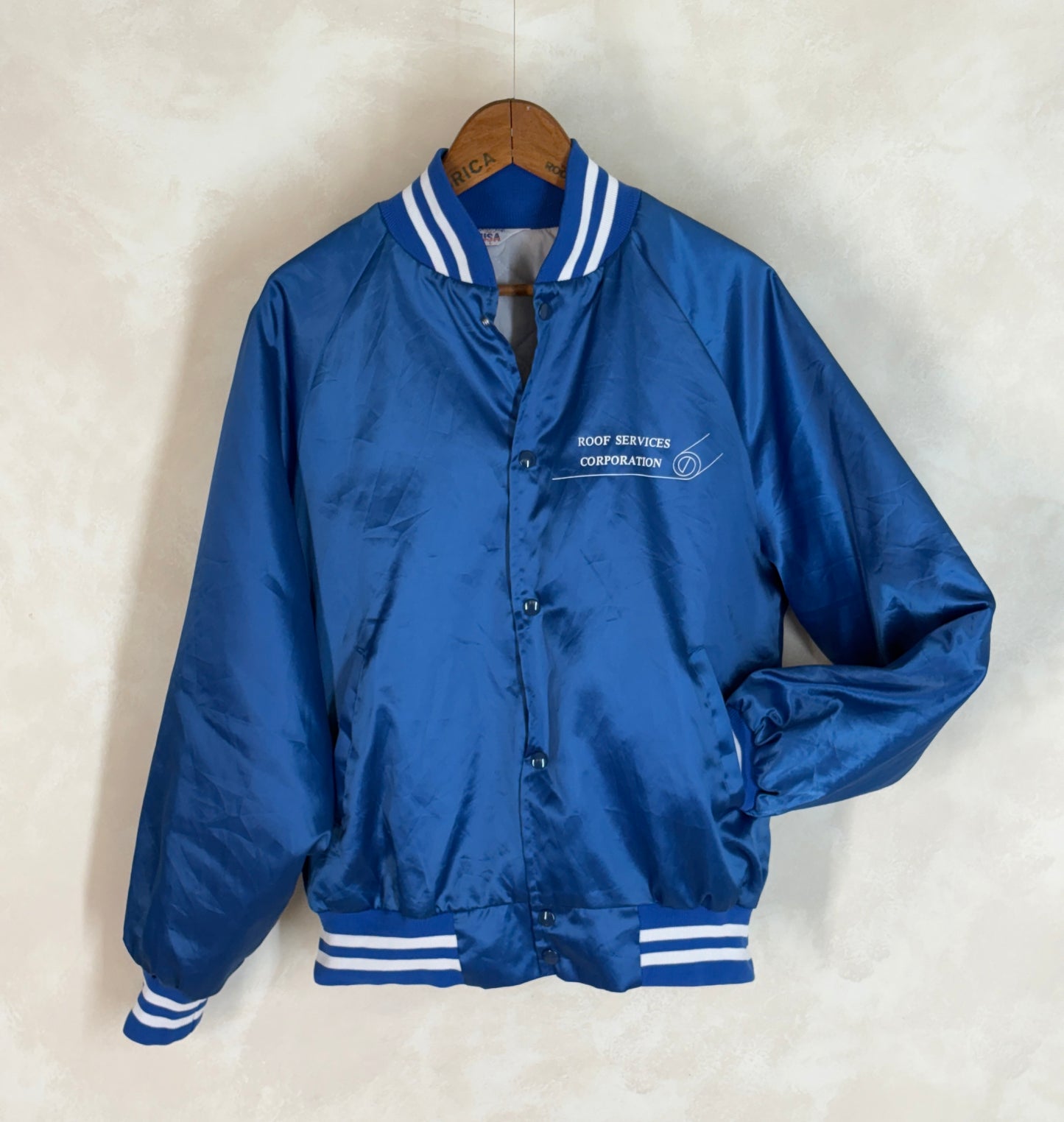 Size Large. Vintage 90s Blue Satin Jacket Made In USA