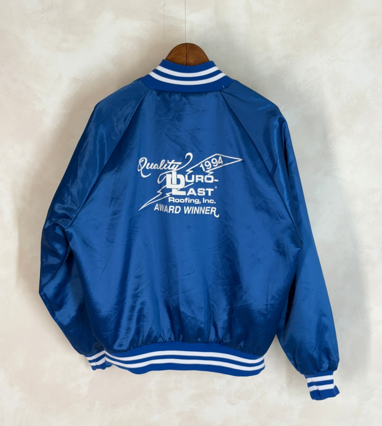Size Large. Vintage 90s Blue Satin Jacket Made In USA