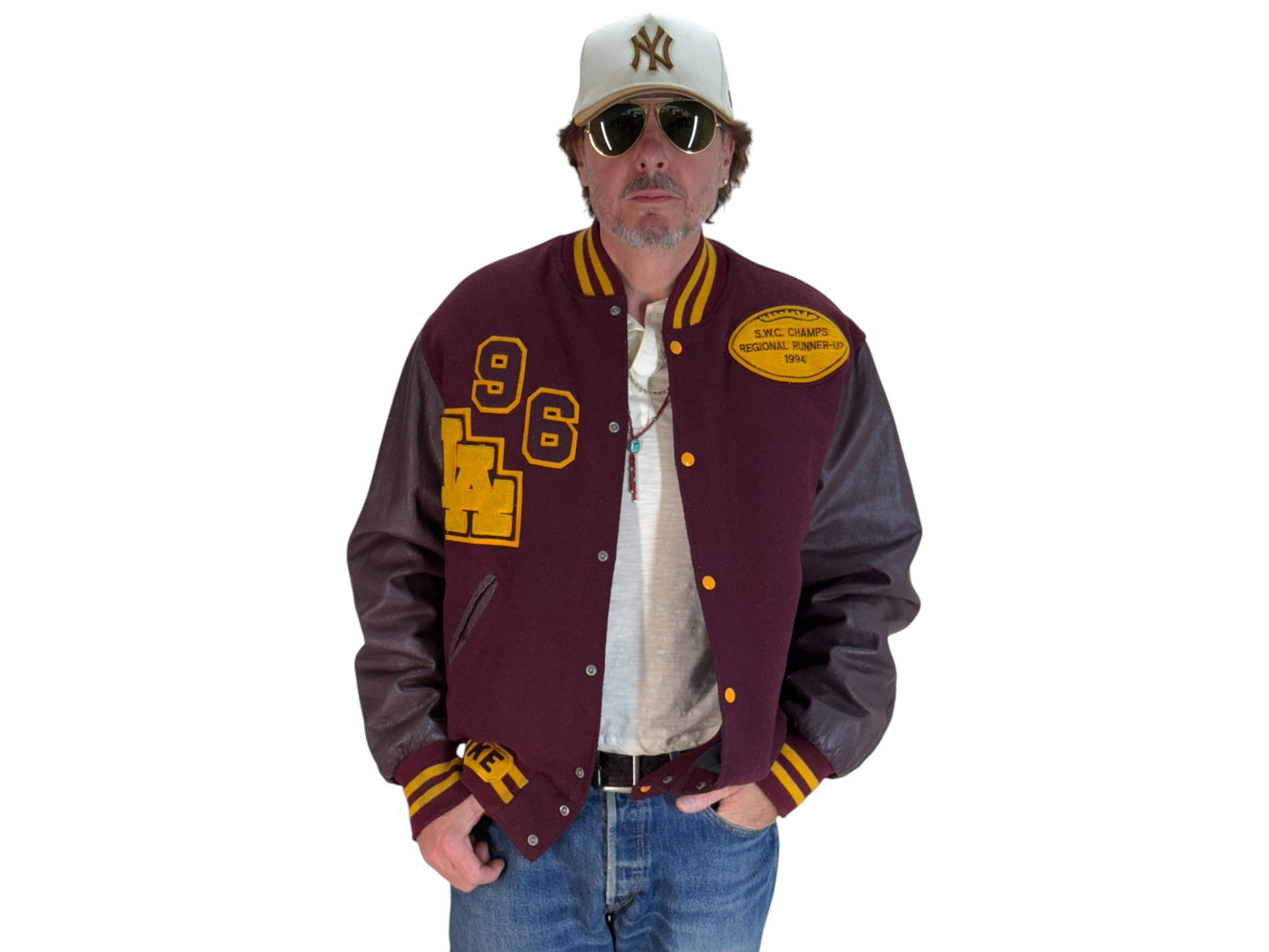 X Large. Vintage 90s Football Varsity wool and leather jacket Made in USA