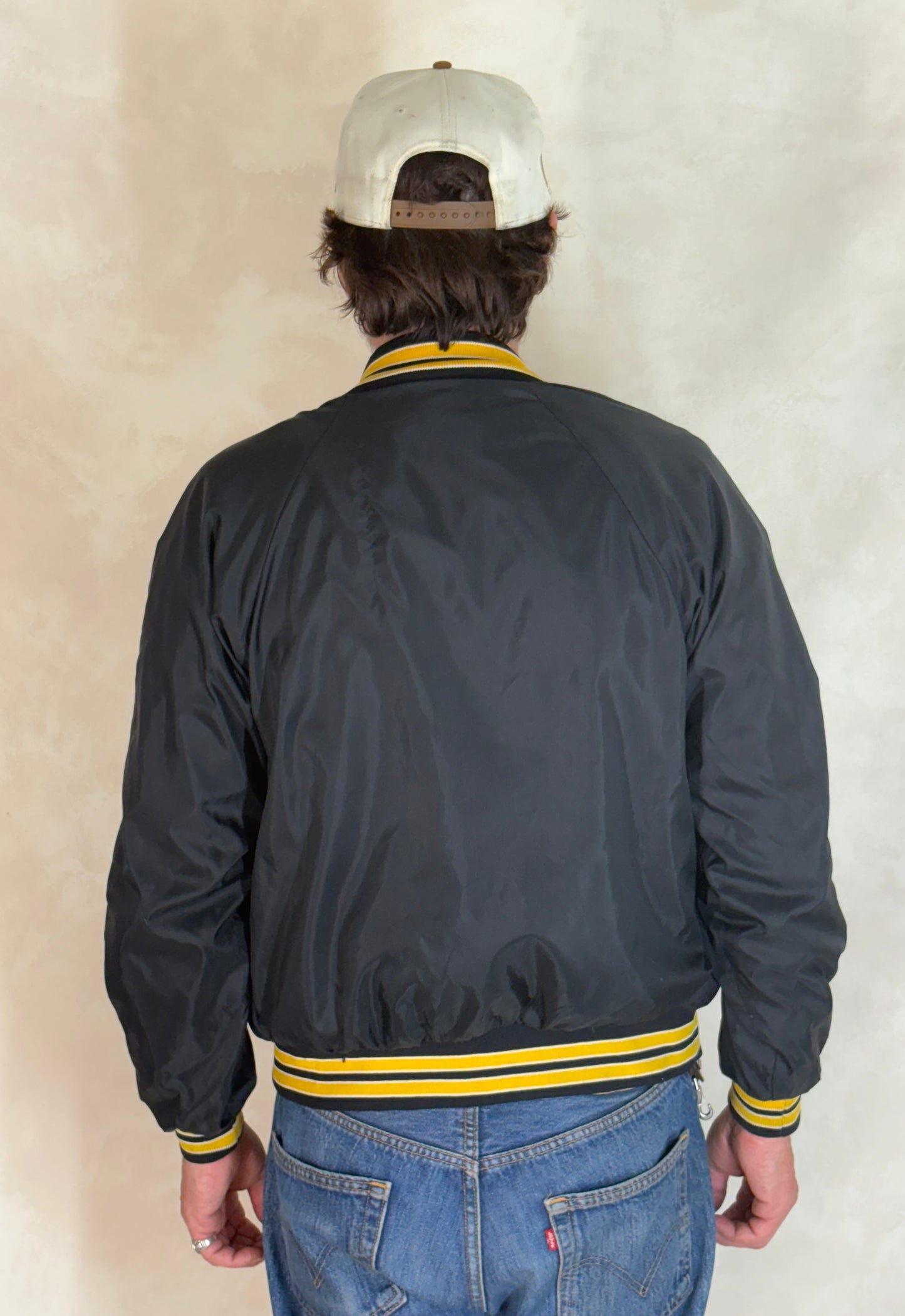 Size Small. Vintage black Satin Jacket Made In USA