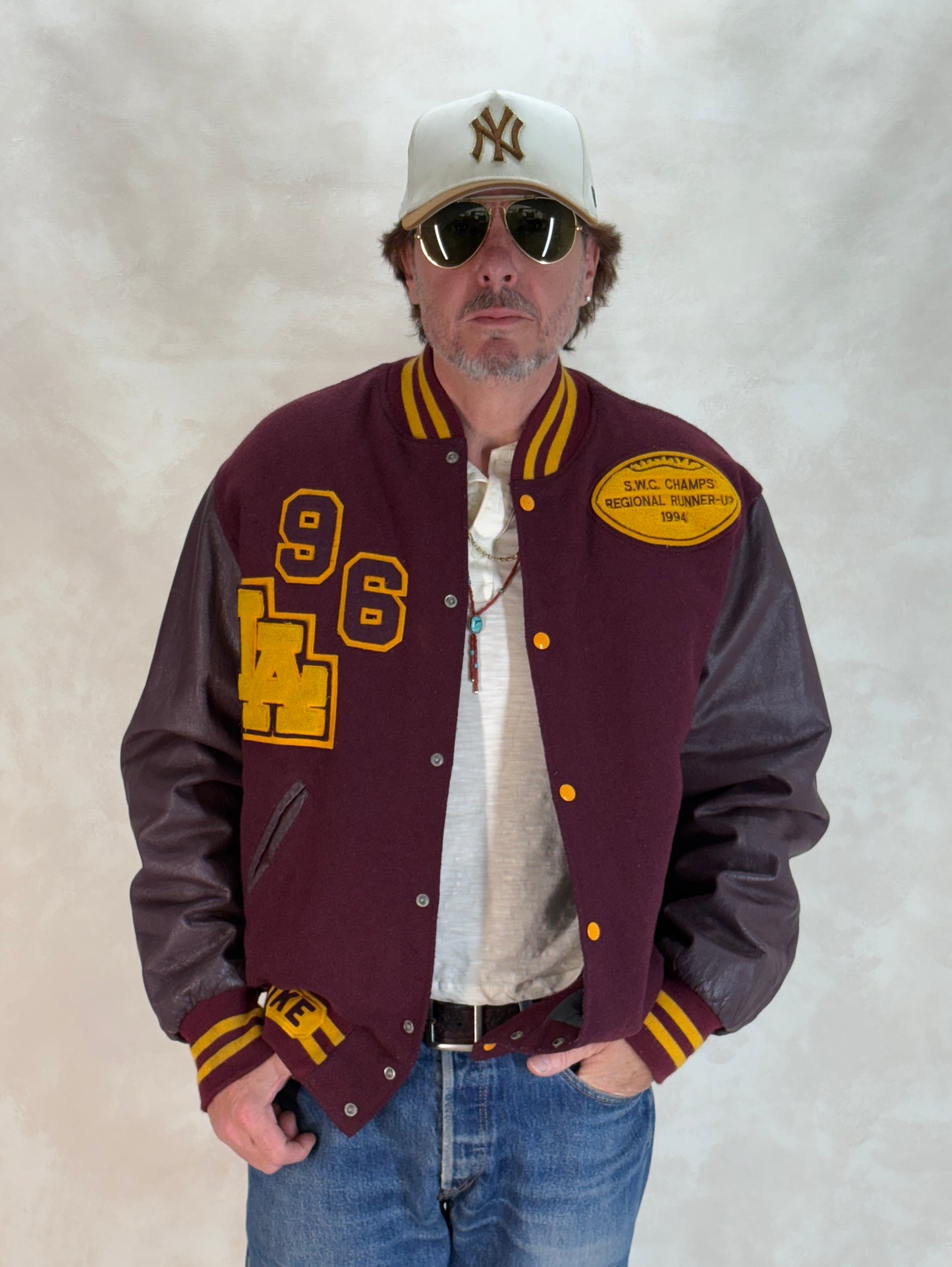 X Large. Vintage 90s Football Varsity wool and leather jacket Made in USA