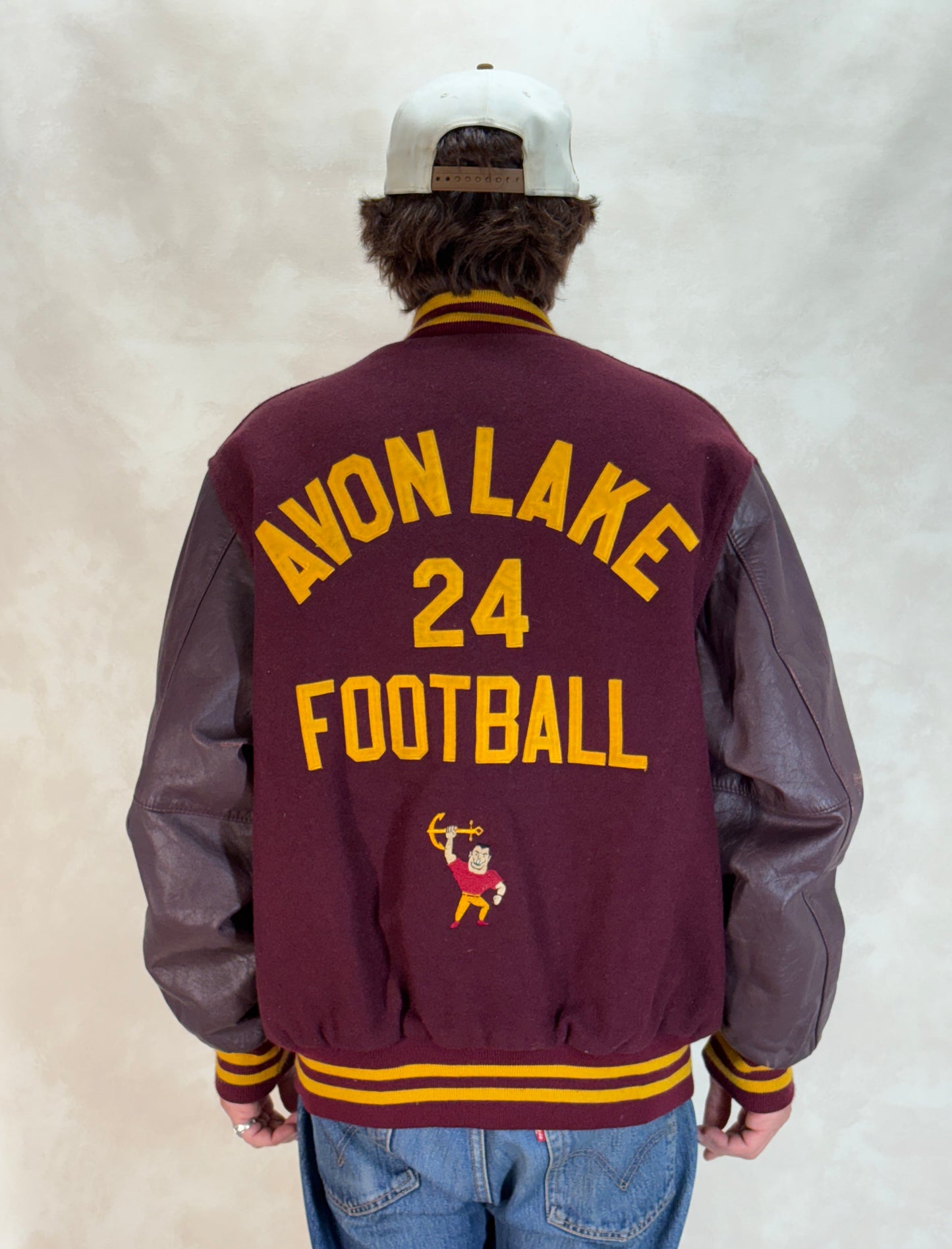 X Large. Vintage 90s Football Varsity wool and leather jacket Made in USA