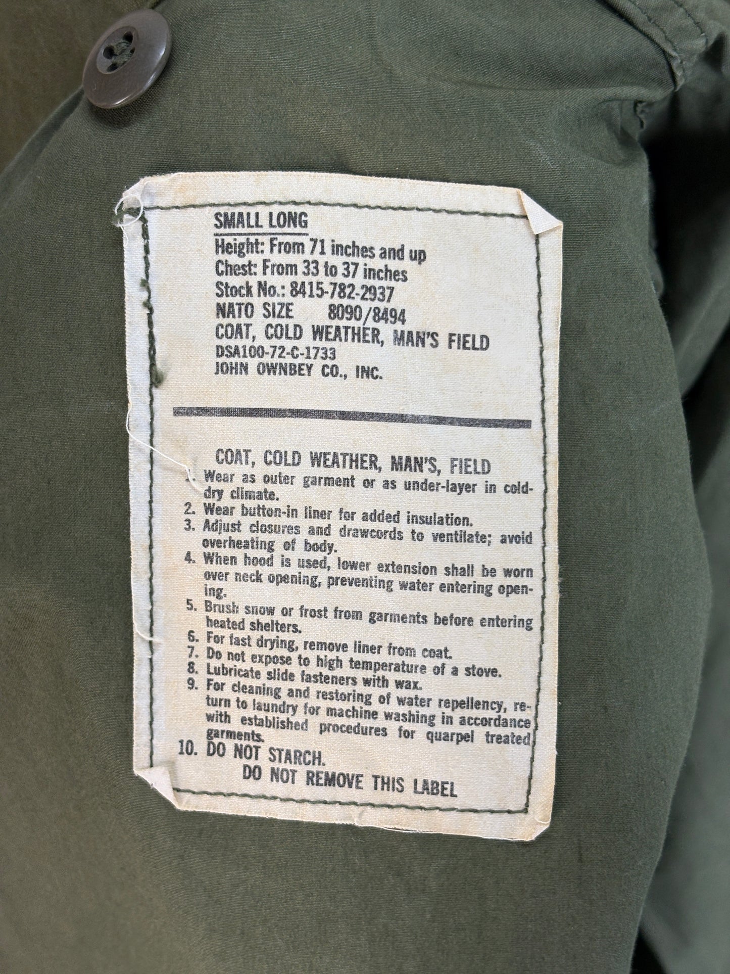 Small Long. Authentic 1972 US Army M-65 Field Jacket – Vintage Military Issue. Made by John Ownbey