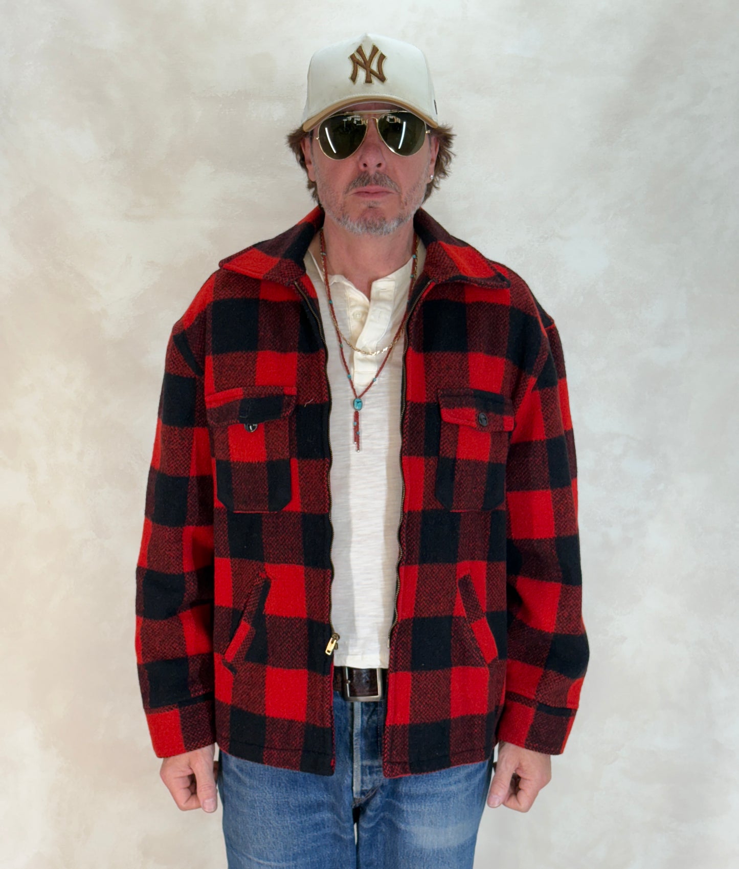 Size XL. Vintage 50s Utica N.Y. Wool Jacket – Red & Black – Zipper. Made in USA