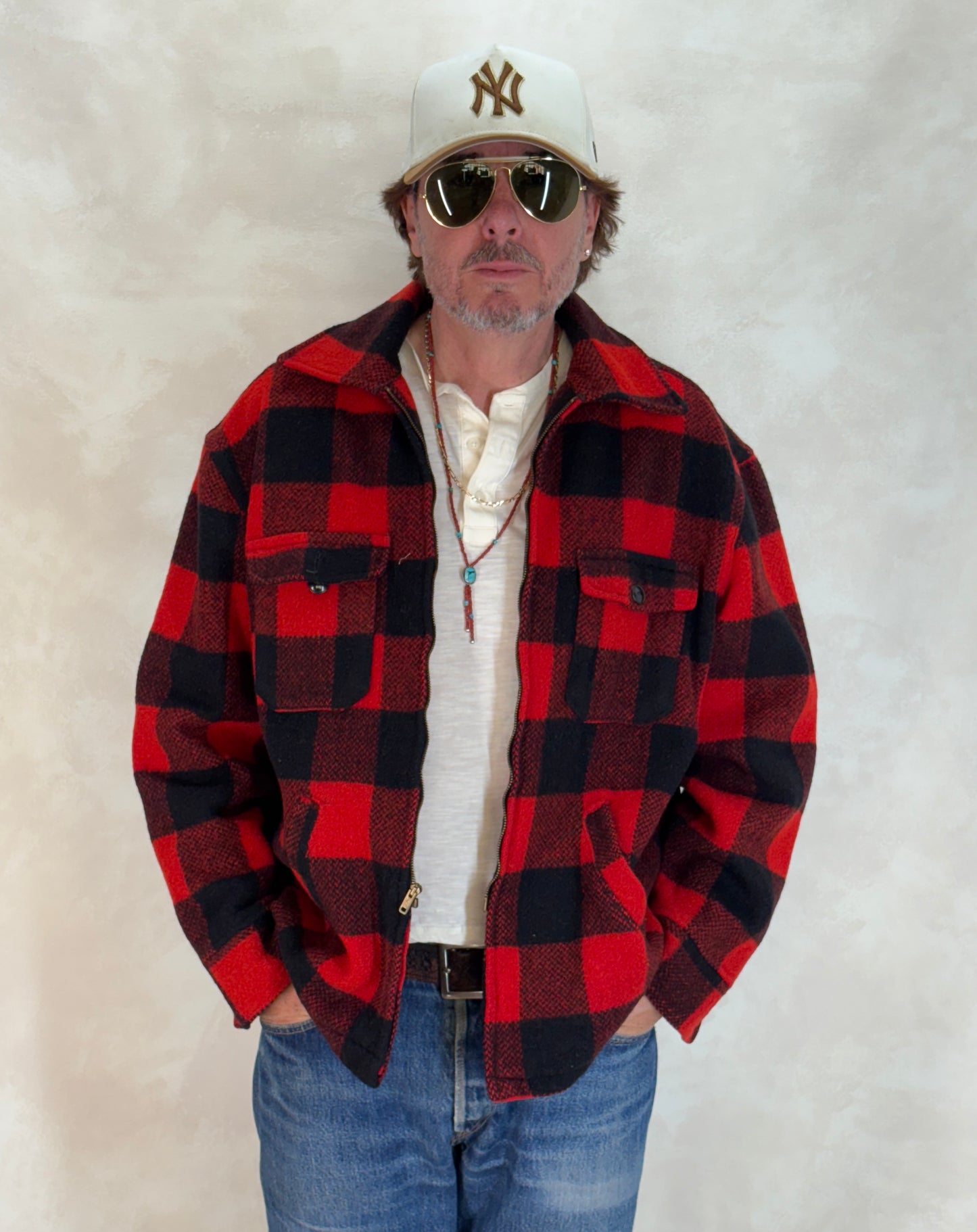 Size XL. Vintage 50s Utica N.Y. Wool Jacket – Red & Black – Zipper. Made in USA