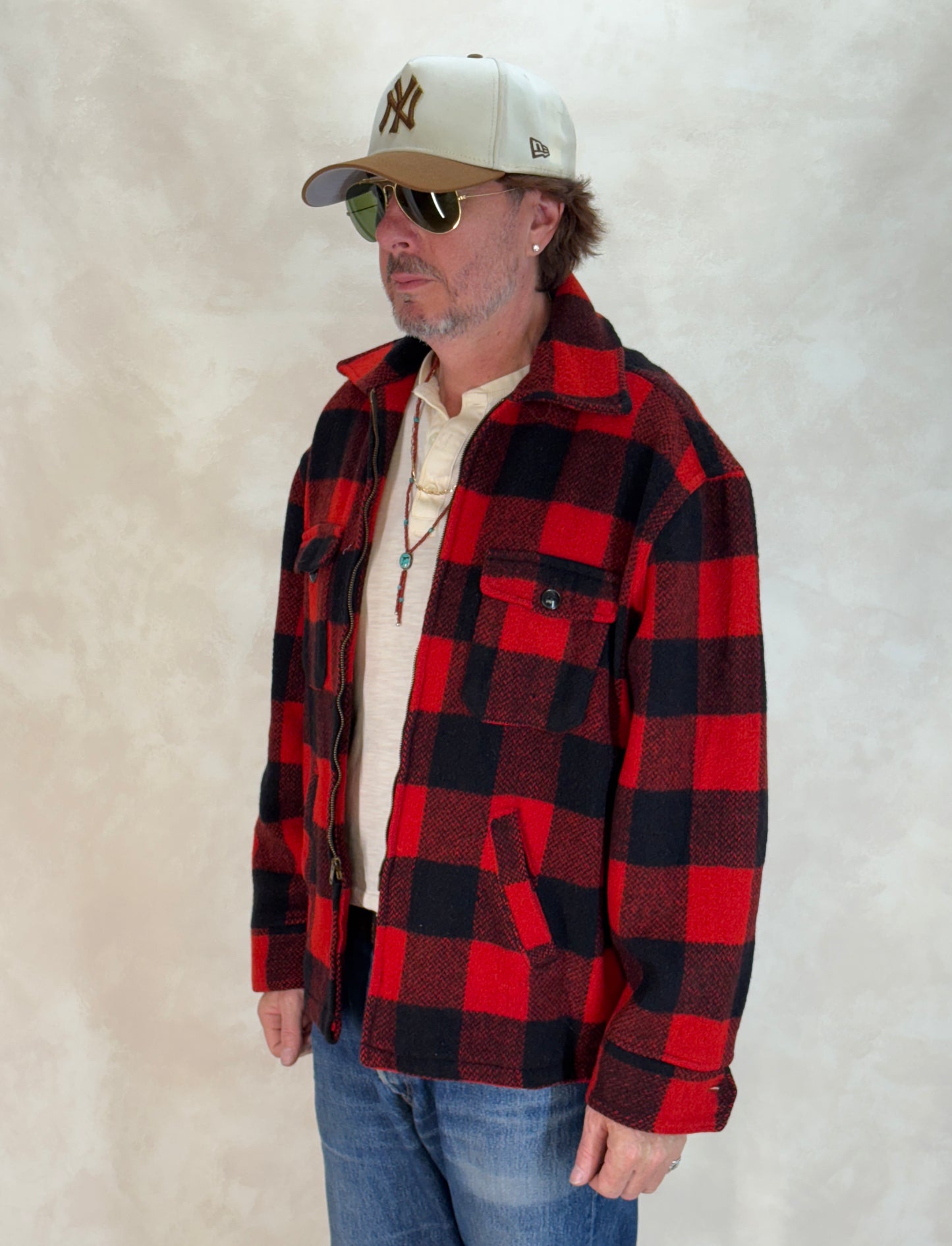 Size XL. Vintage 50s Utica N.Y. Wool Jacket – Red & Black – Zipper. Made in USA