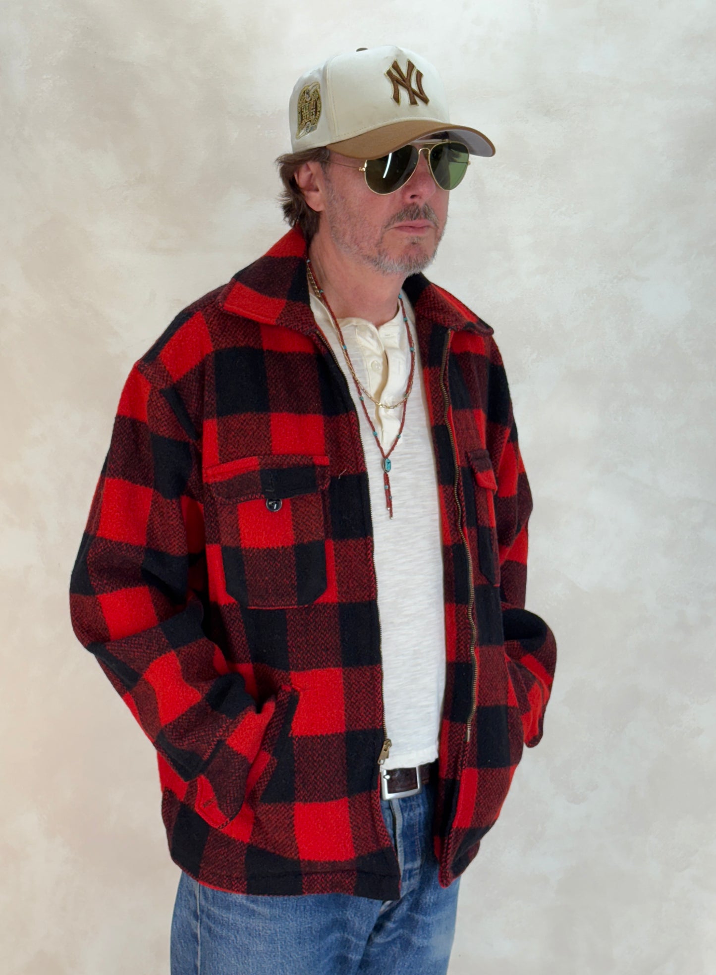 Size XL. Vintage 50s Utica N.Y. Wool Jacket – Red & Black – Zipper. Made in USA