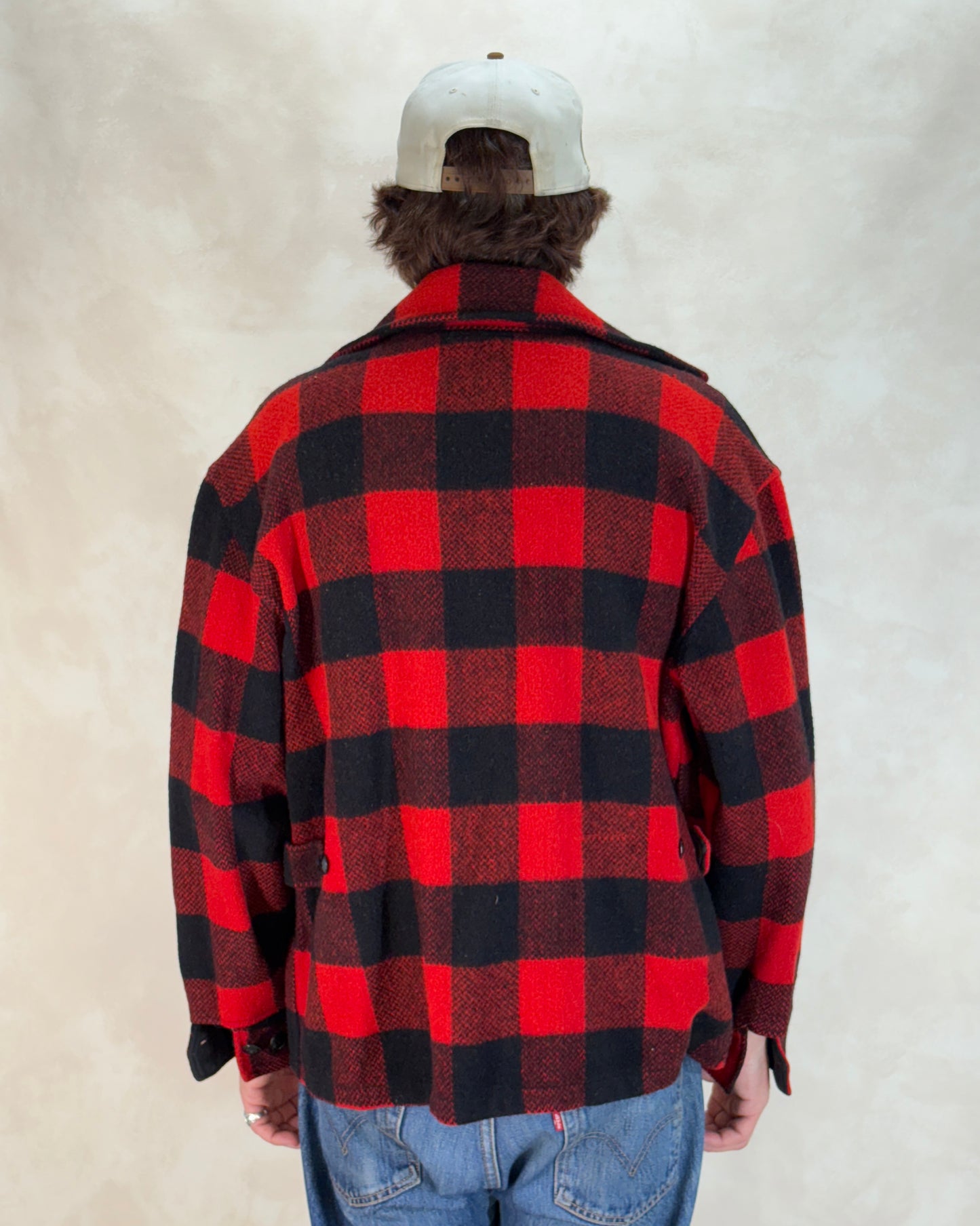 Size XL. Vintage 50s Utica N.Y. Wool Jacket – Red & Black – Zipper. Made in USA