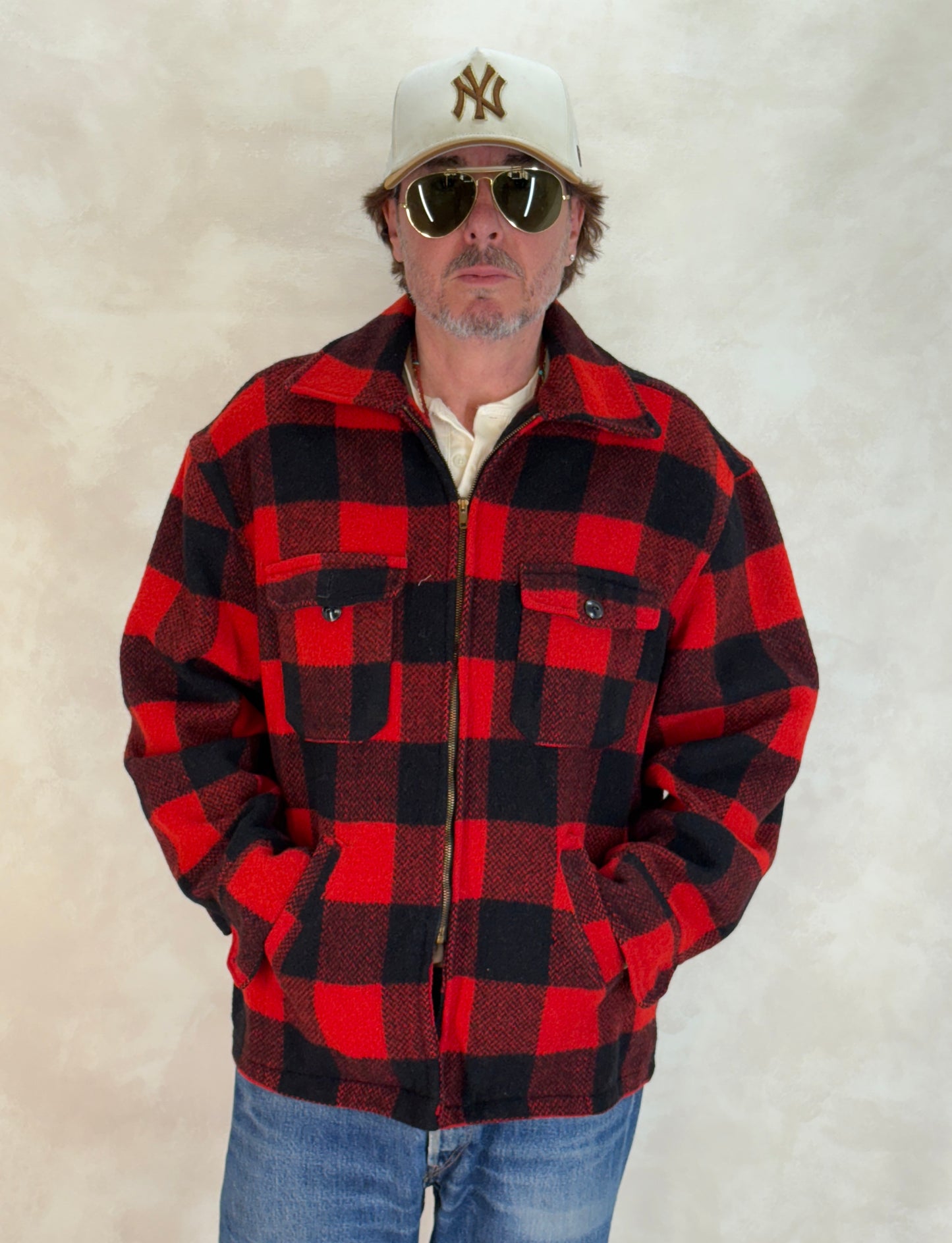 Size XL. Vintage 50s Utica N.Y. Wool Jacket – Red & Black – Zipper. Made in USA