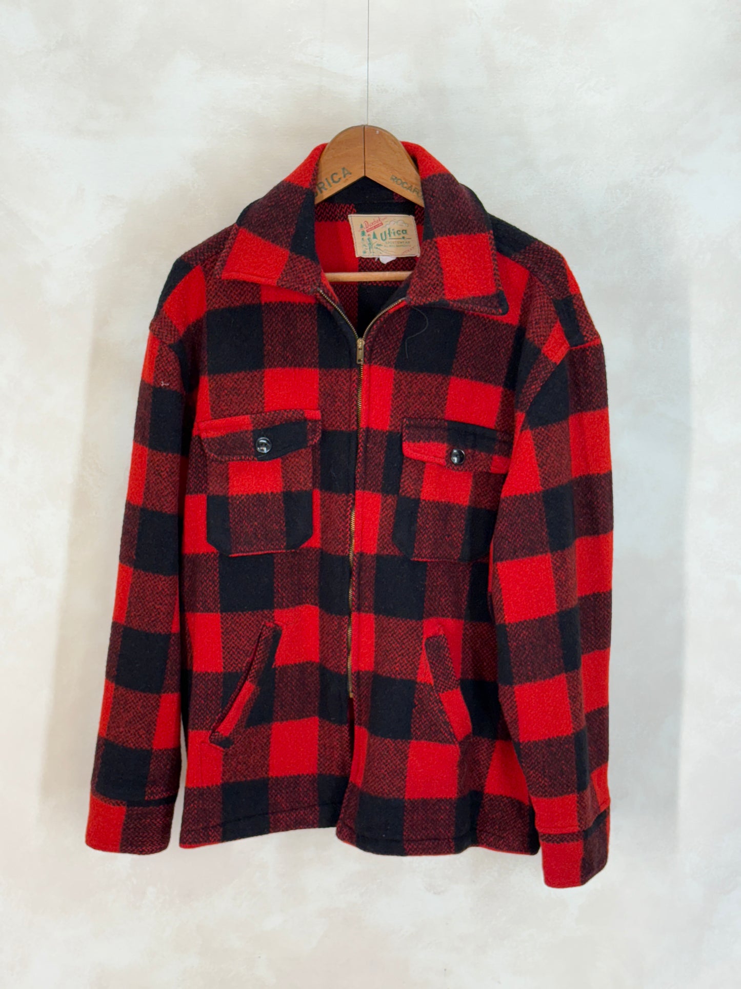 Size XL. Vintage 50s Utica N.Y. Wool Jacket – Red & Black – Zipper. Made in USA