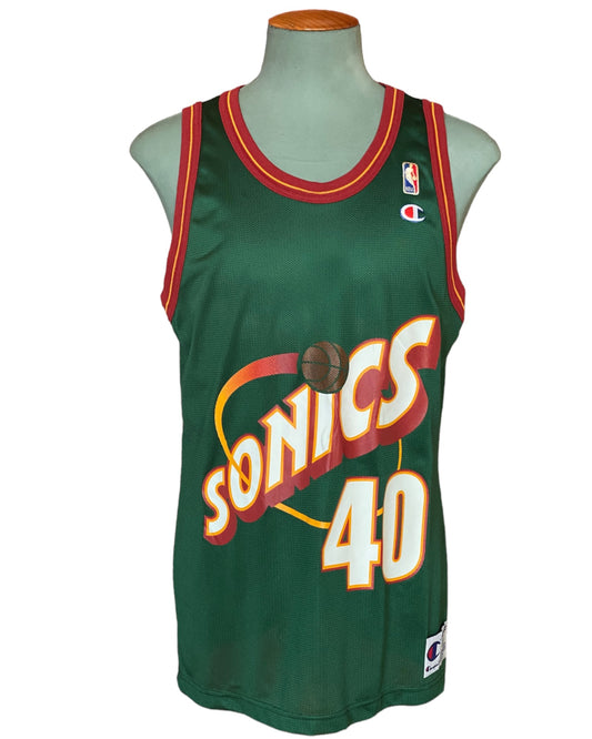 Vintage 90s NBA Champion Seattle Sonics Kemp #40 jersey, size 44 - front view.