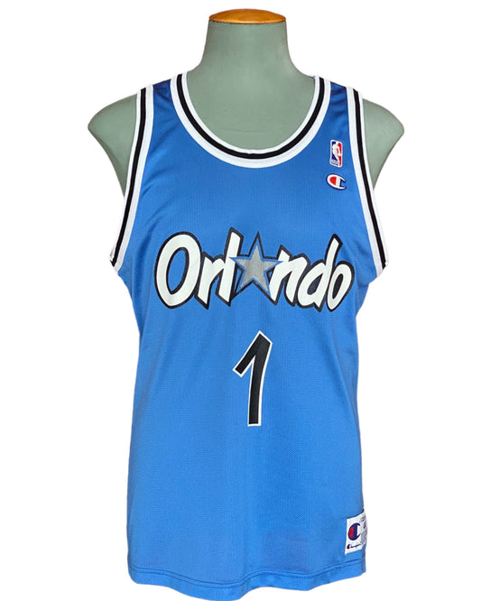 Vintage 90s Champion NBA jersey with player Hardaway #1, size 44 - front view, Orlando Magic. Made in USA.