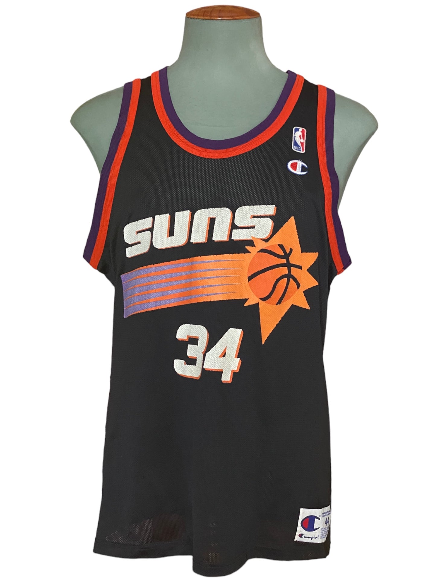 Vintage 90s NBA Phoenix Suns Charles Barkley #34 jersey, size 44 - front view. Made by Champion.
