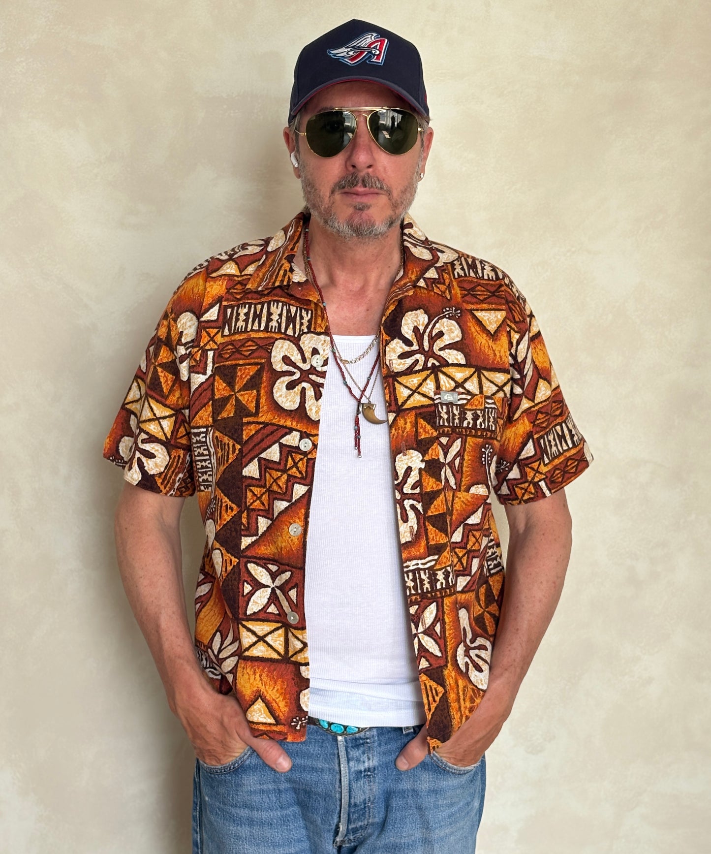 Medium Size Vintage 90s Hawaiian Barkcloth Cotton Shirt by Quicksilver - Surfing Collectible