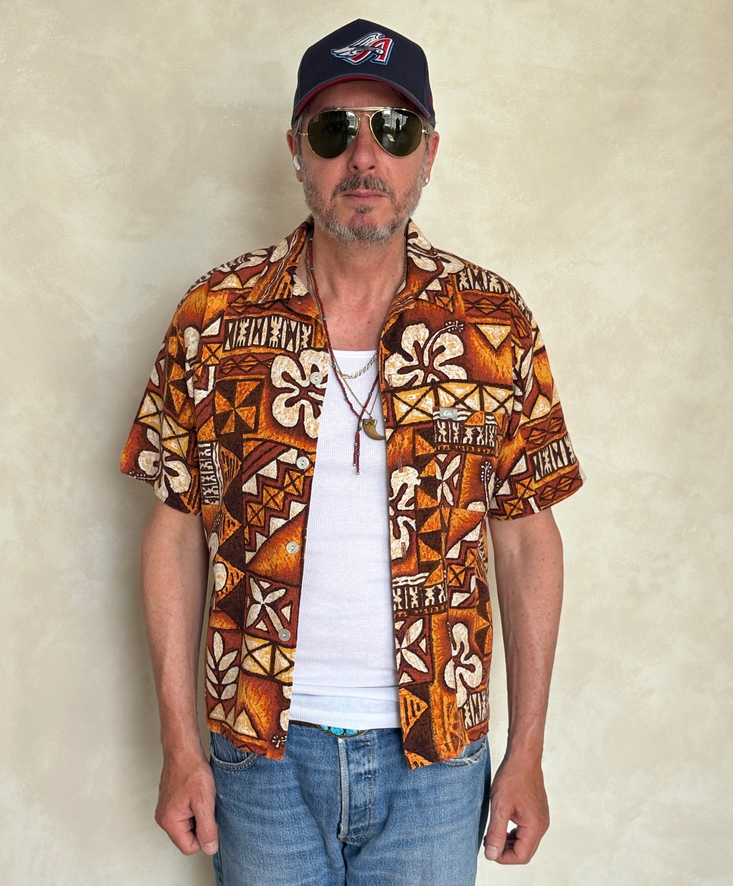 Medium Size Vintage 90s Hawaiian Barkcloth Cotton Shirt by Quicksilver - Surfing Collectible