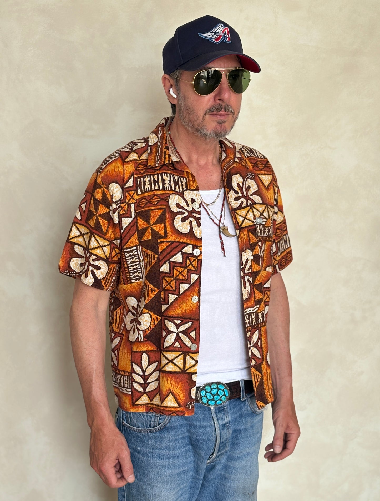 Medium Size Vintage 90s Hawaiian Barkcloth Cotton Shirt by Quicksilver - Surfing Collectible