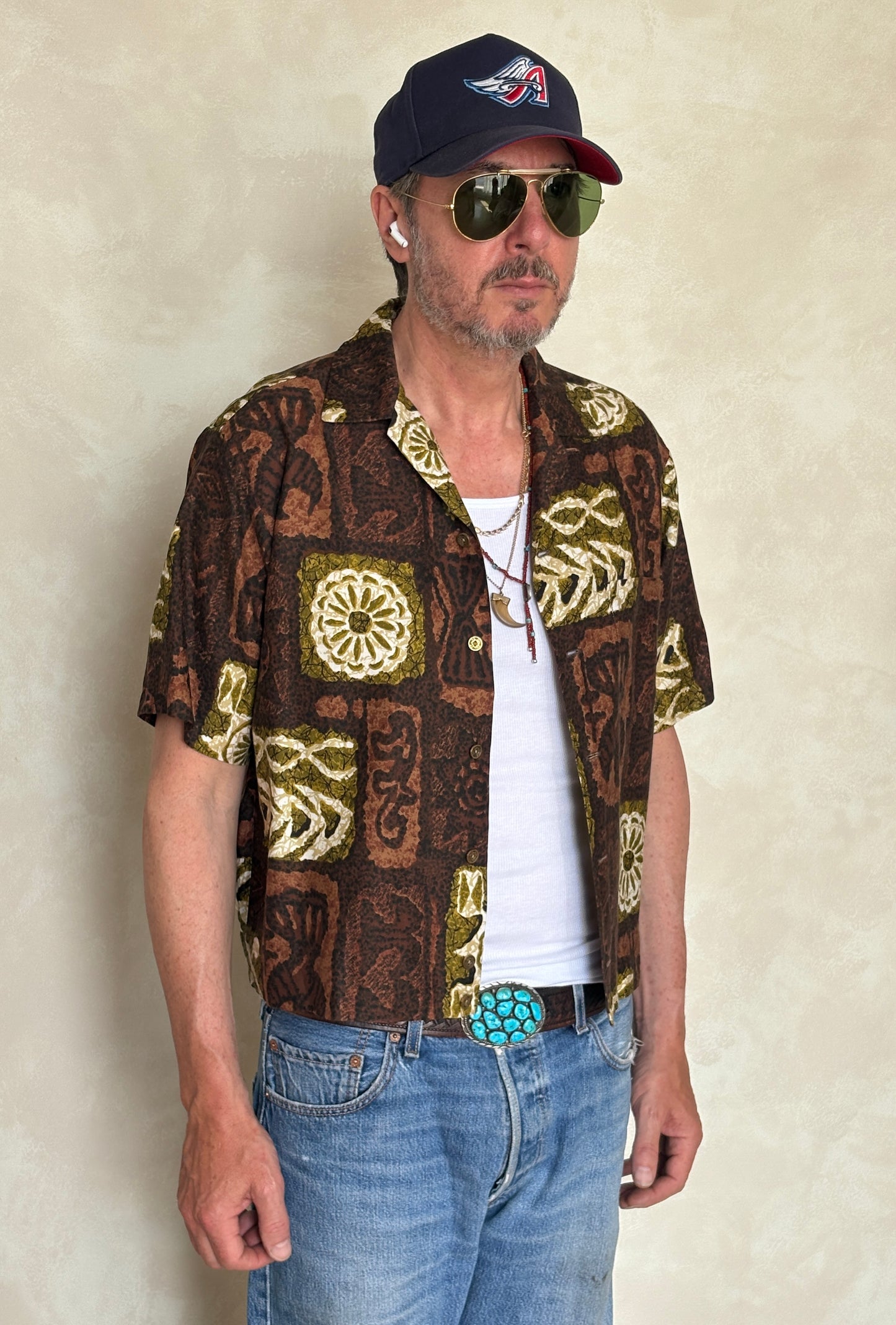Large . Vintage 60s Hawaiian satin cotton shirt Made in Hawaii