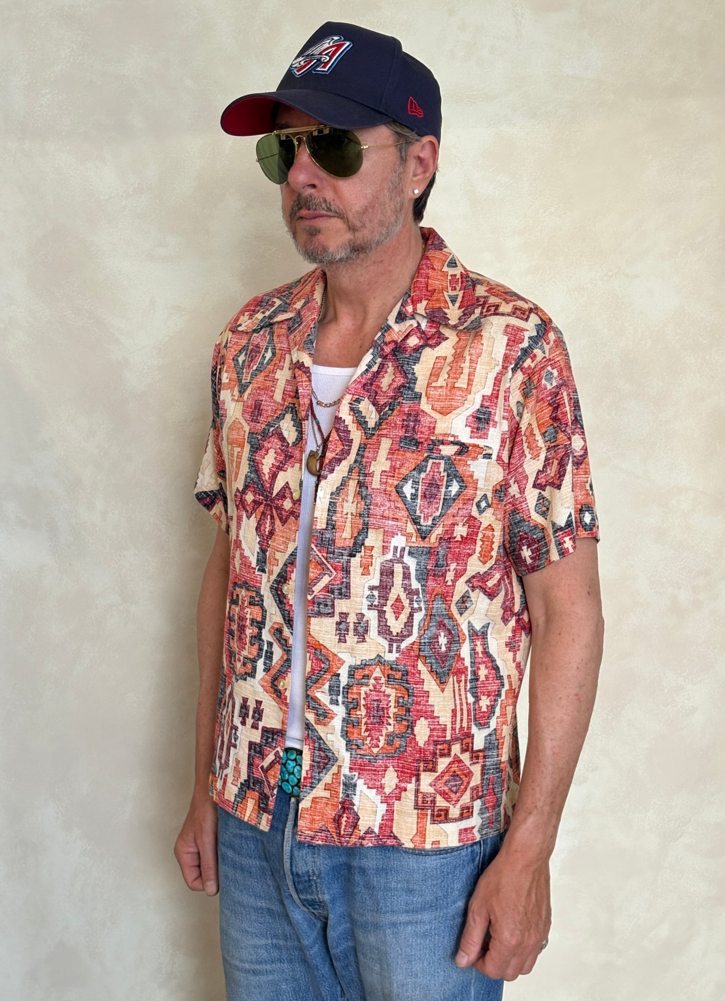 Medium Size Vintage 70s Hawaiian Barkcloth Cotton Shirt - Island Collectible