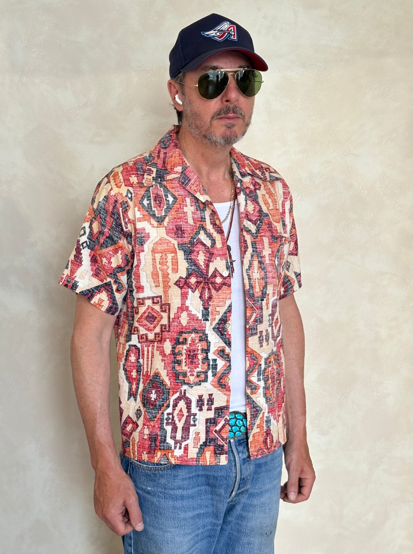 Medium Size Vintage 70s Hawaiian Barkcloth Cotton Shirt - Island Collectible