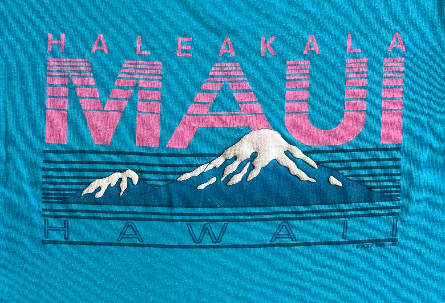 Vintage 90s Haleakala Maui Hawaii T-Shirt – Blue & Pink Tourist Tee Made in USA – Size M