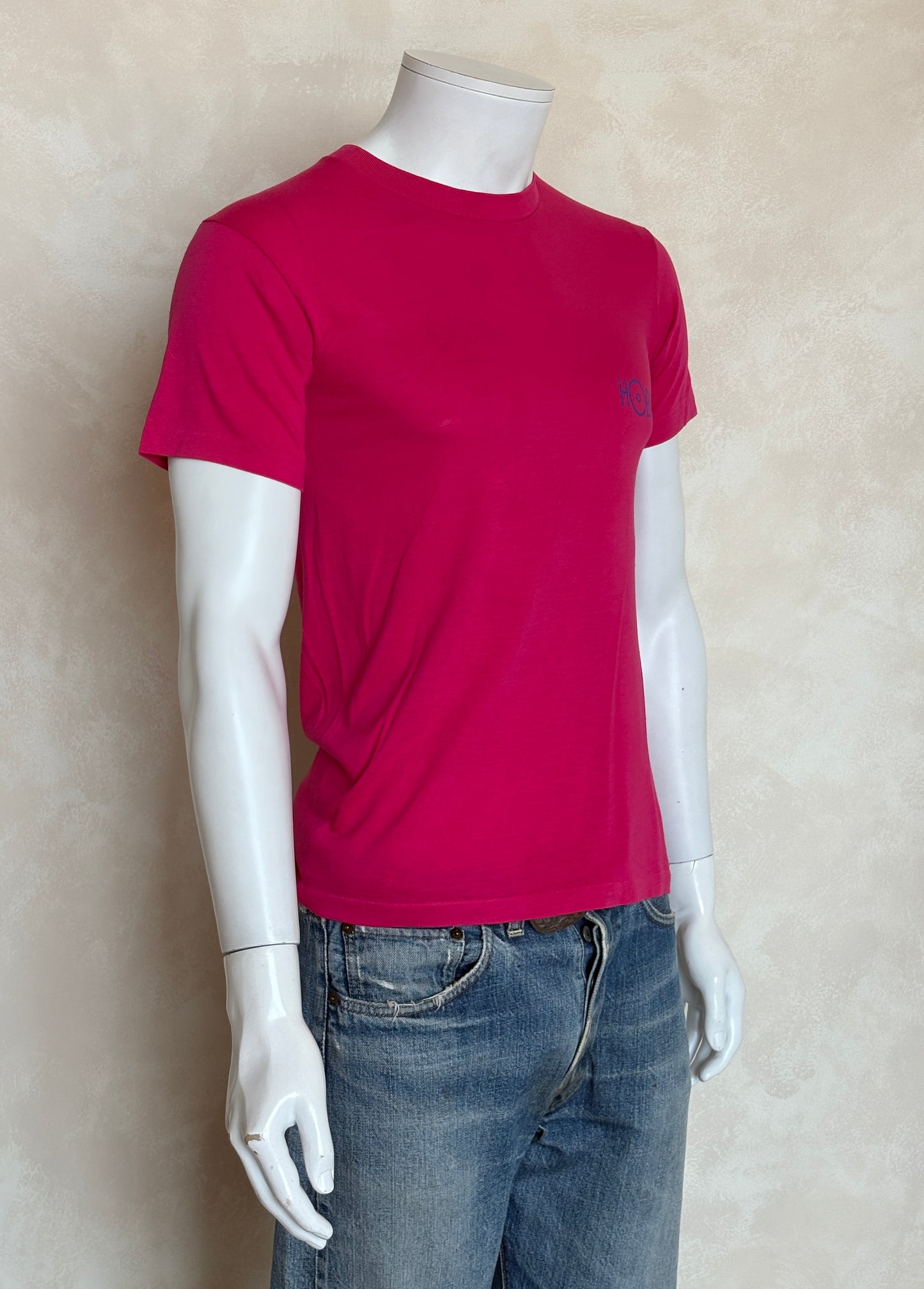 Vintage 80s Hobie Surf T-Shirt — Bright Pink Single Stitch Tee with Colorful Graphic Back Print — Small