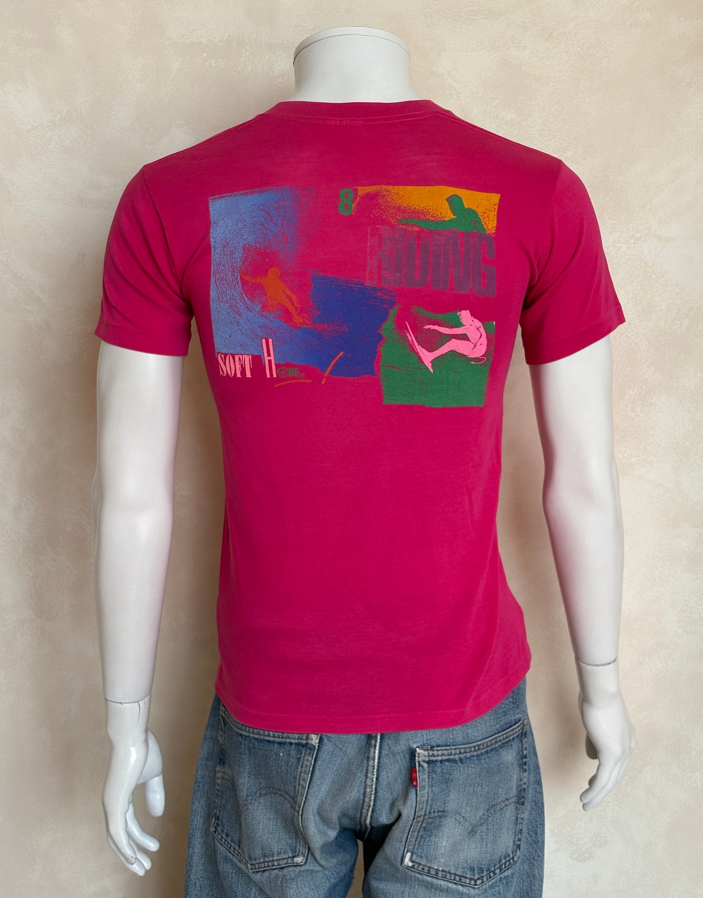 Vintage 80s Hobie Surf T-Shirt — Bright Pink Single Stitch Tee with Colorful Graphic Back Print — Small