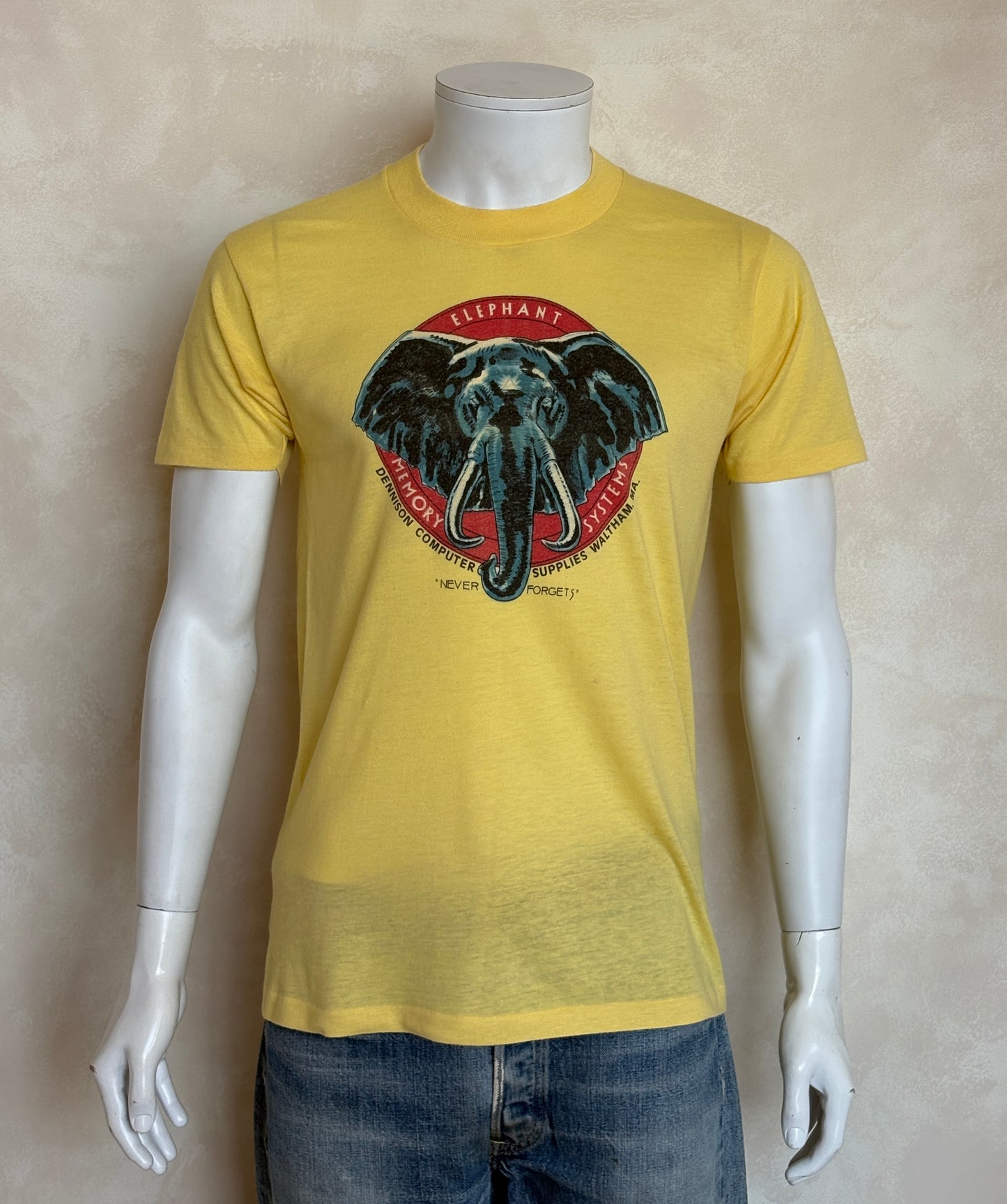Vintage Elephant Memory Systems tee – rare 80s computer supply promo with classic nerd humor. Med
