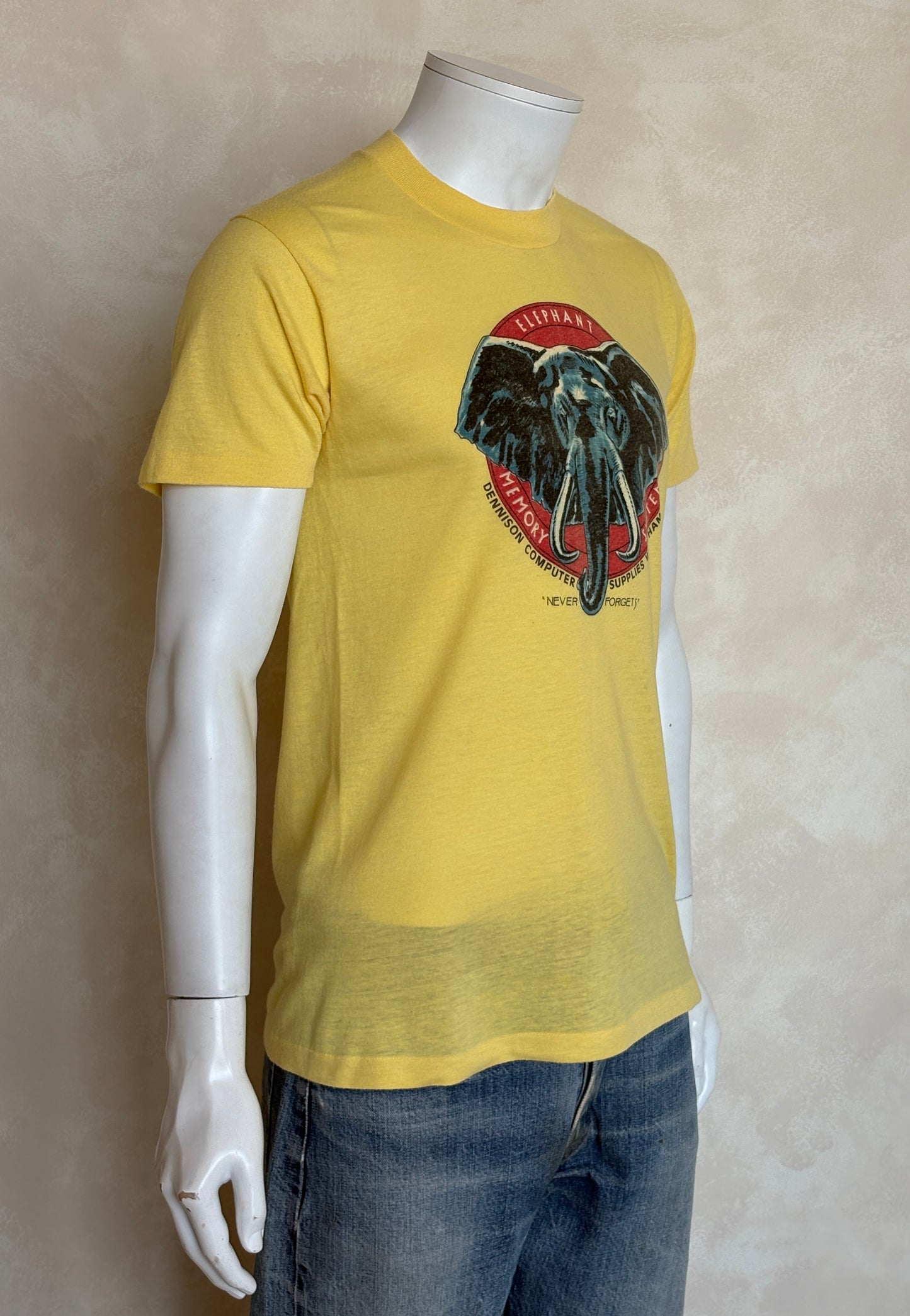 Vintage Elephant Memory Systems tee – rare 80s computer supply promo with classic nerd humor. Med
