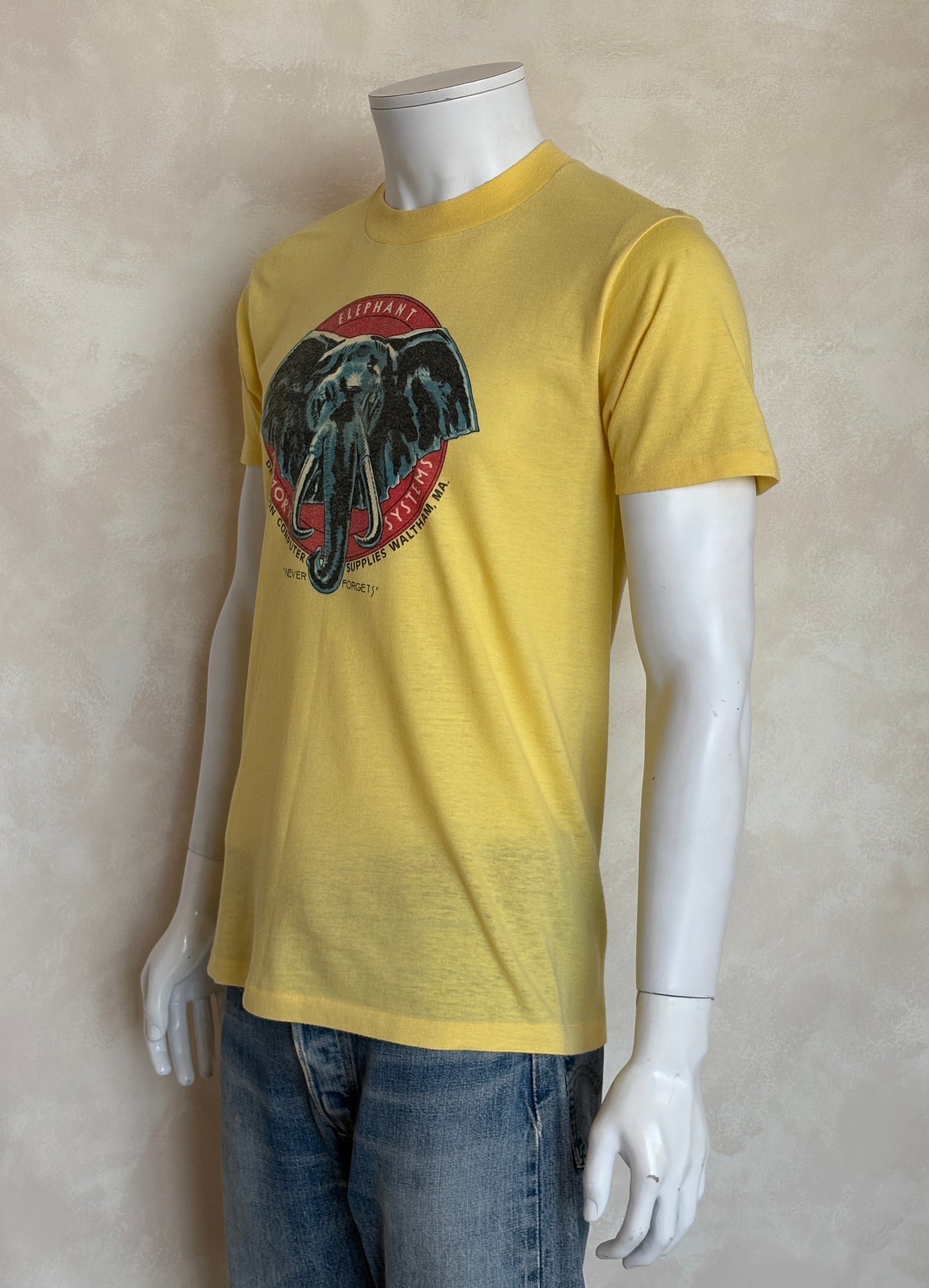Vintage Elephant Memory Systems tee – rare 80s computer supply promo with classic nerd humor. Med