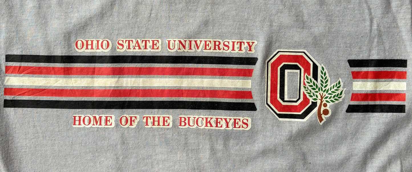 Vintage Ohio State University tee – bold Buckeyes pride with classic athletic stripes. Med