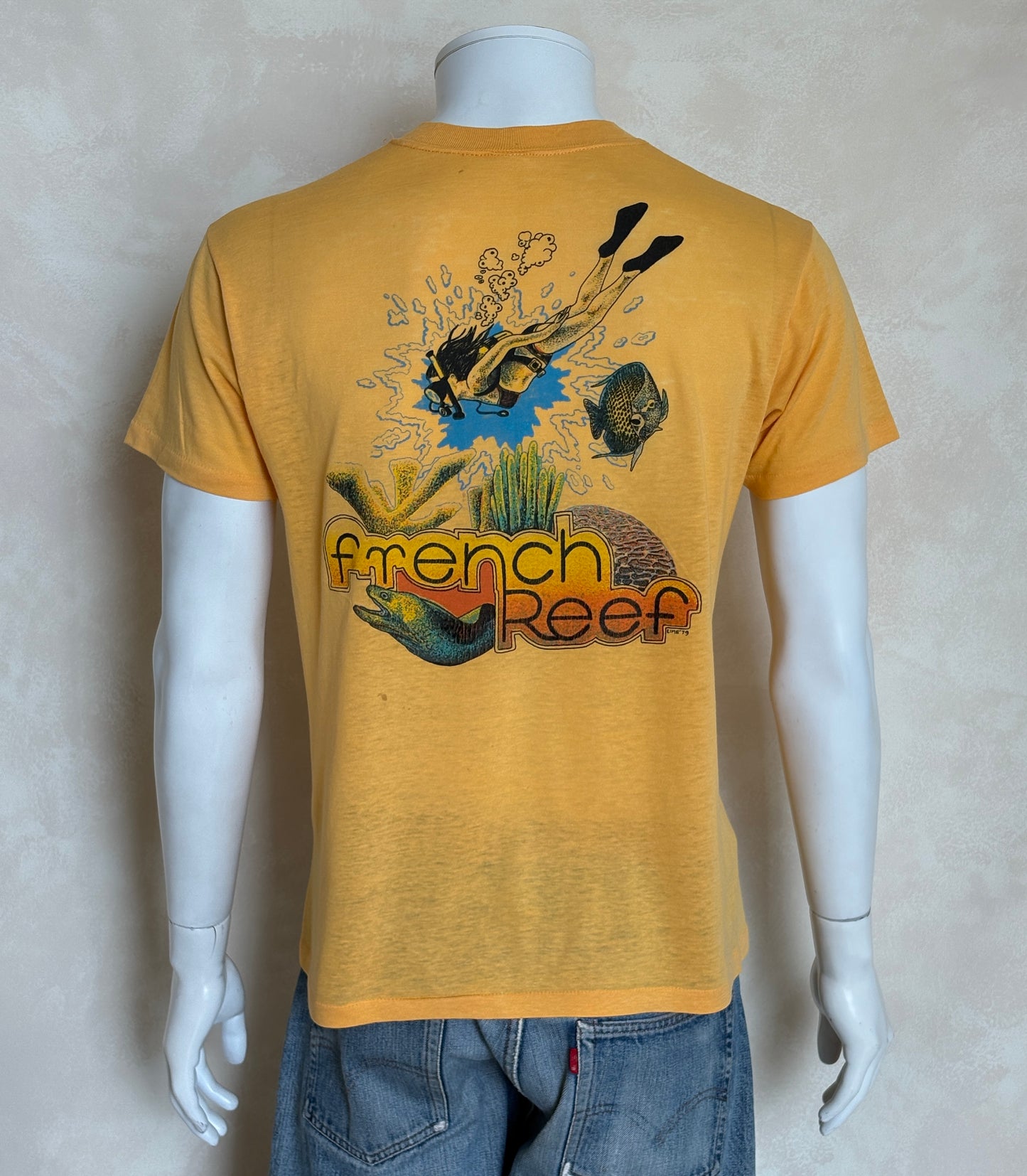 Vintage 1979 French Reef tee – bold scuba diving graphic with tropical retro flair. Large