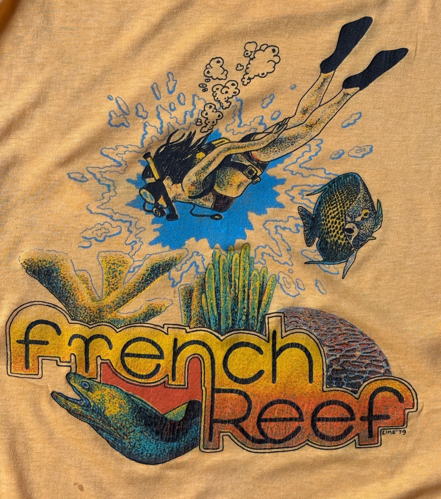 Vintage 1979 French Reef tee – bold scuba diving graphic with tropical retro flair. Large