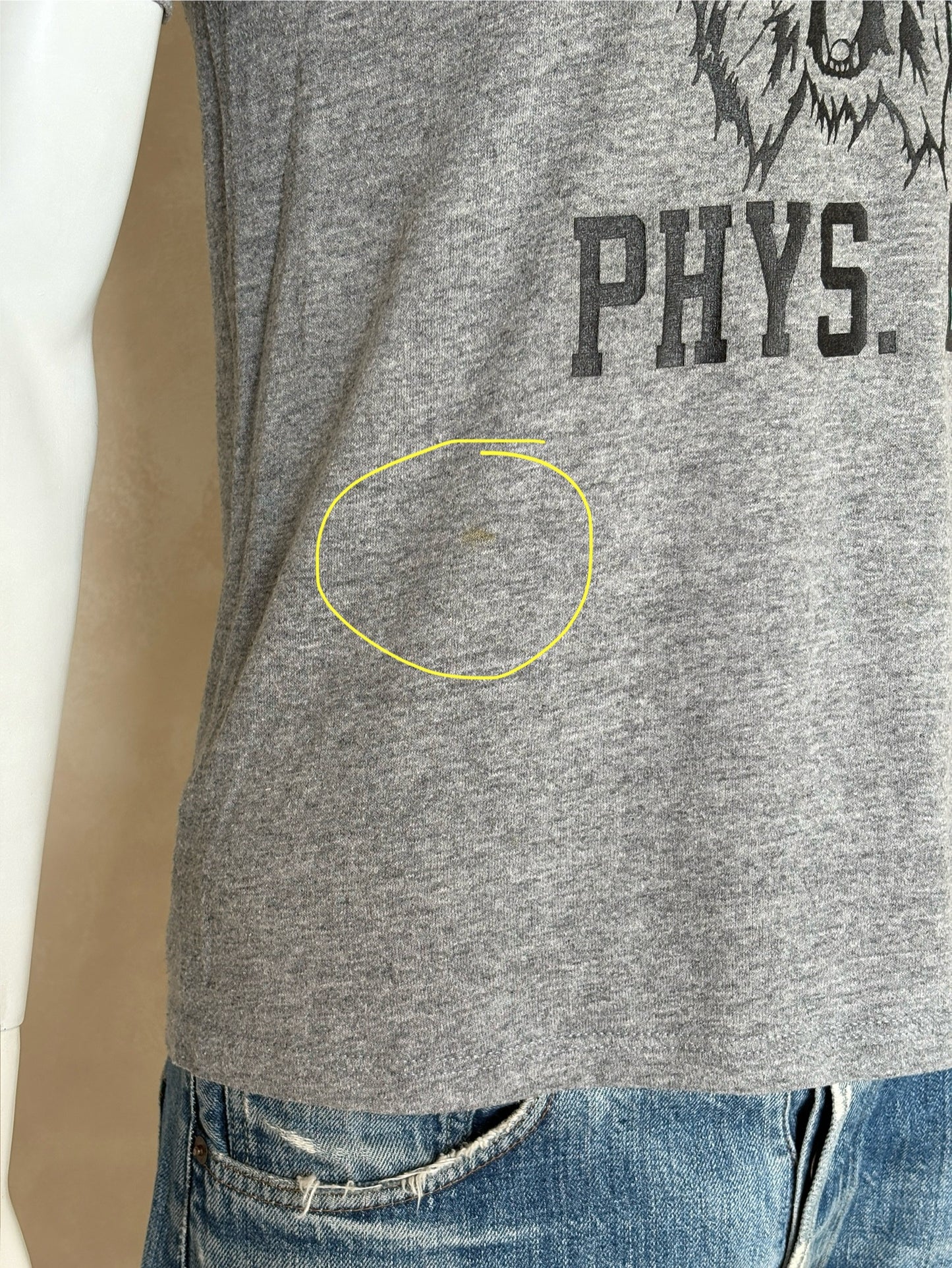 Vintage Hobbtown Phys. Ed. T-Shirt – Classic heather gray gym tee with wildcat mascot graphic. Med