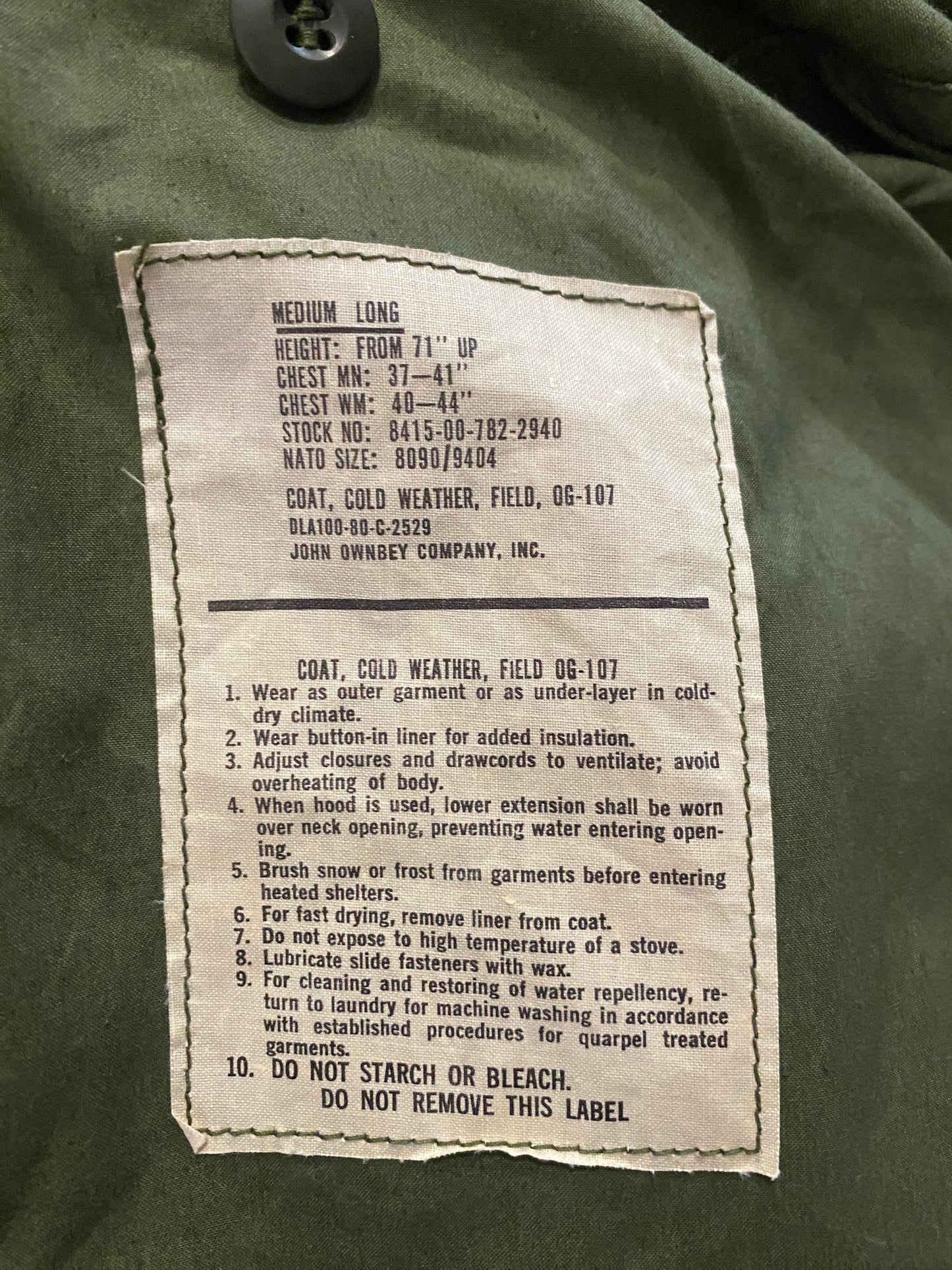 Vintage 1980 US Military M-65 Field Jacket:
