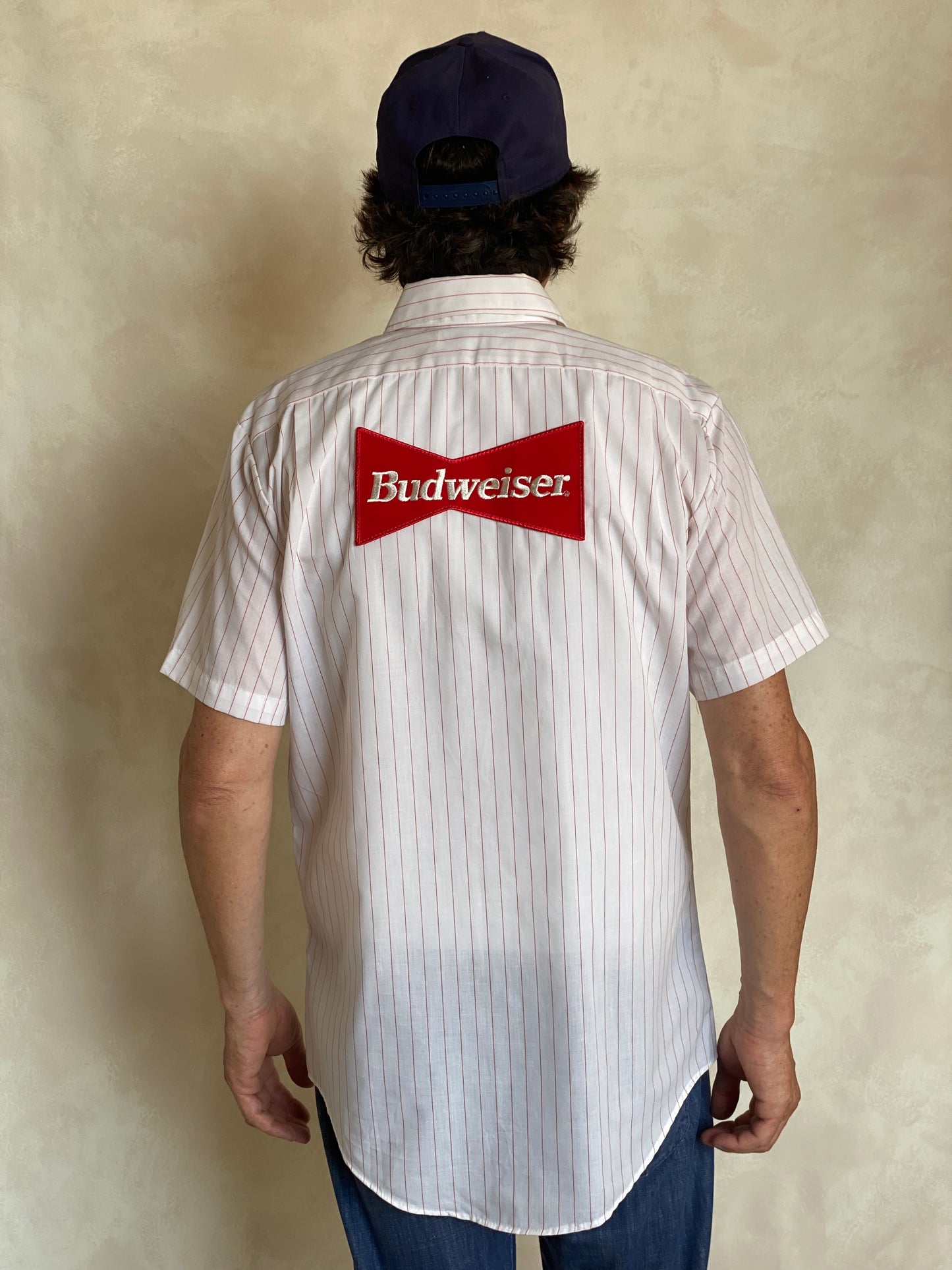 Med. Vintage Budweiser stripe Work shirt Made in USA