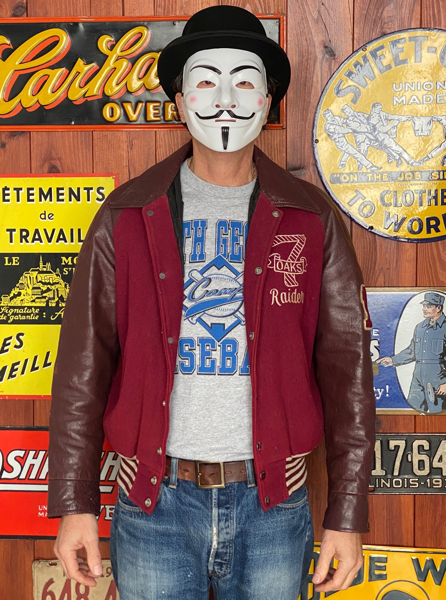 Size Med. Distressed Vintage varsity style jacket Made in Canada
