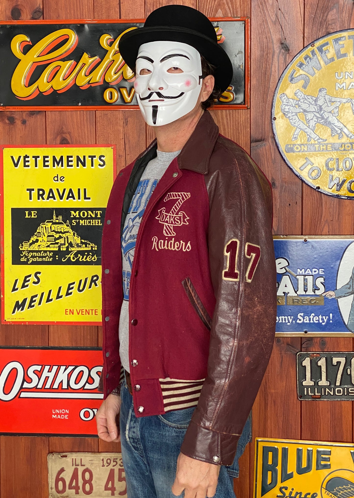Size Med. Distressed Vintage varsity style jacket Made in Canada