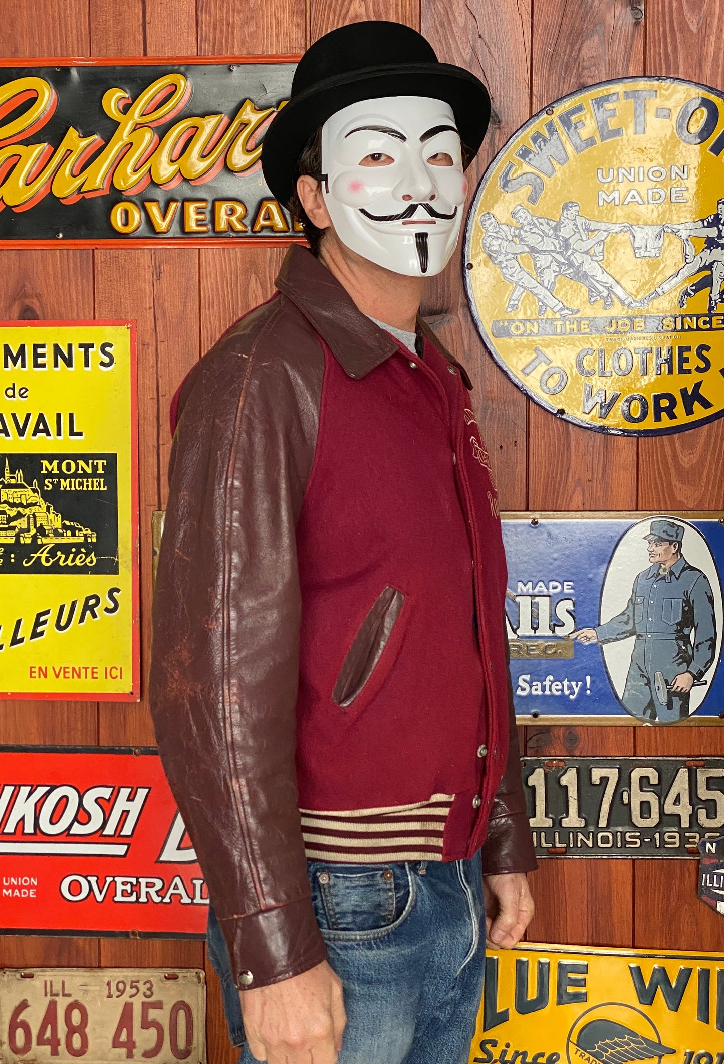 Size Med. Distressed Vintage varsity style jacket Made in Canada