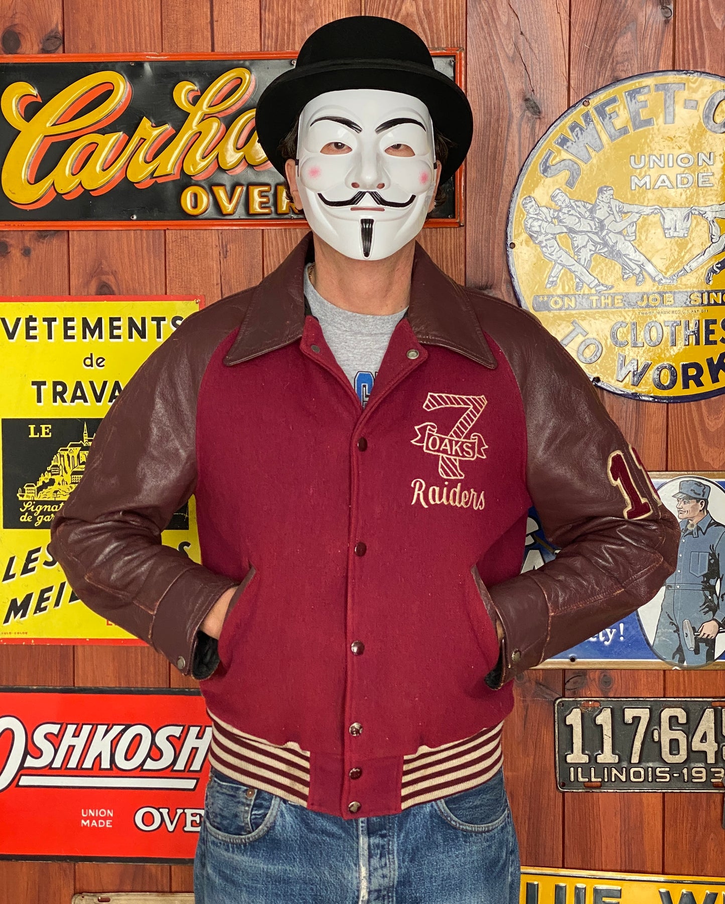 Size Med. Distressed Vintage varsity style jacket Made in Canada
