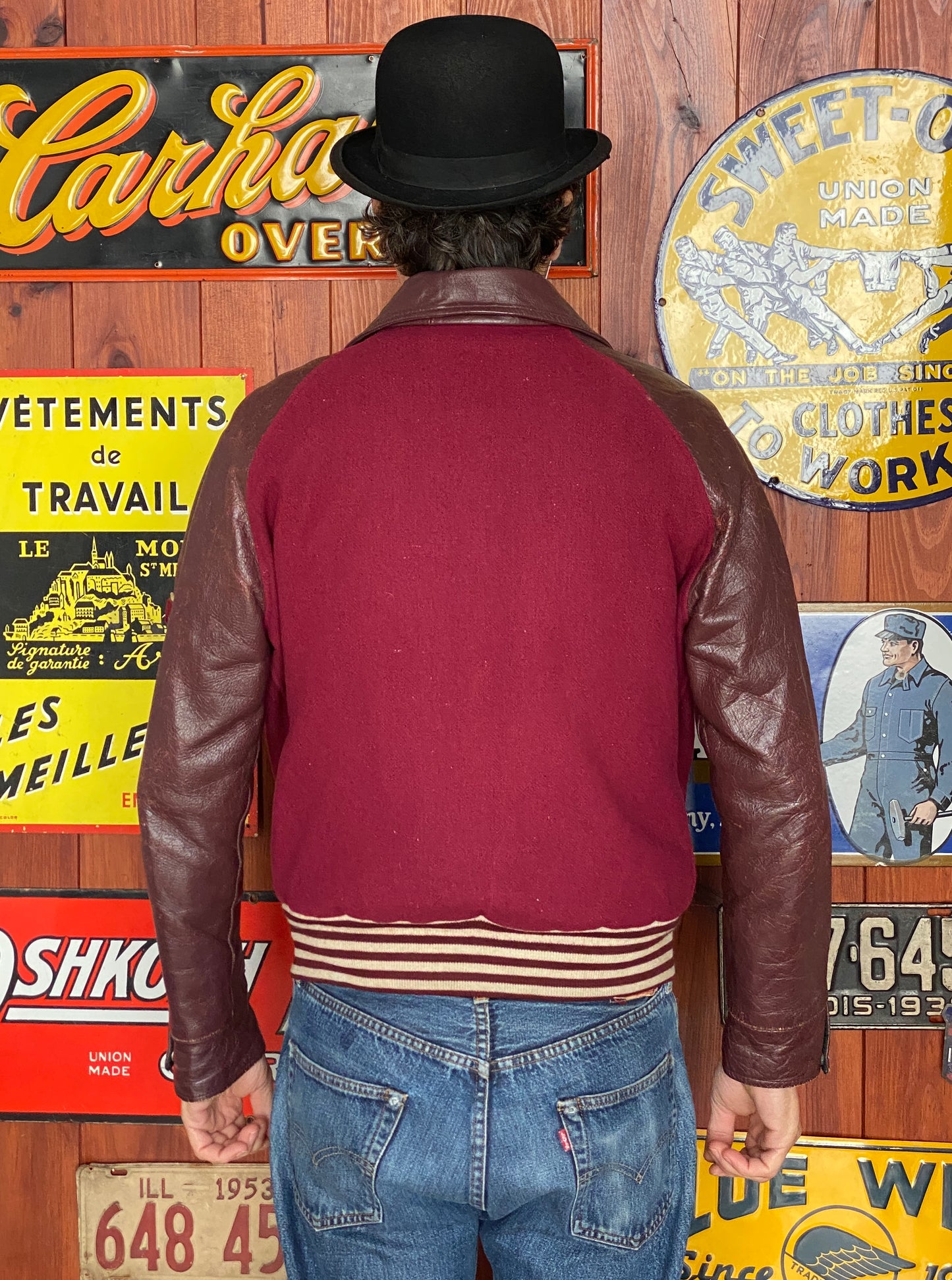 Size Med. Distressed Vintage varsity style jacket Made in Canada