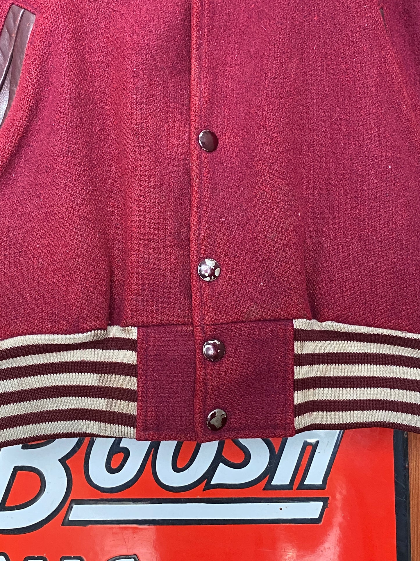 Size Med. Distressed Vintage varsity style jacket Made in Canada
