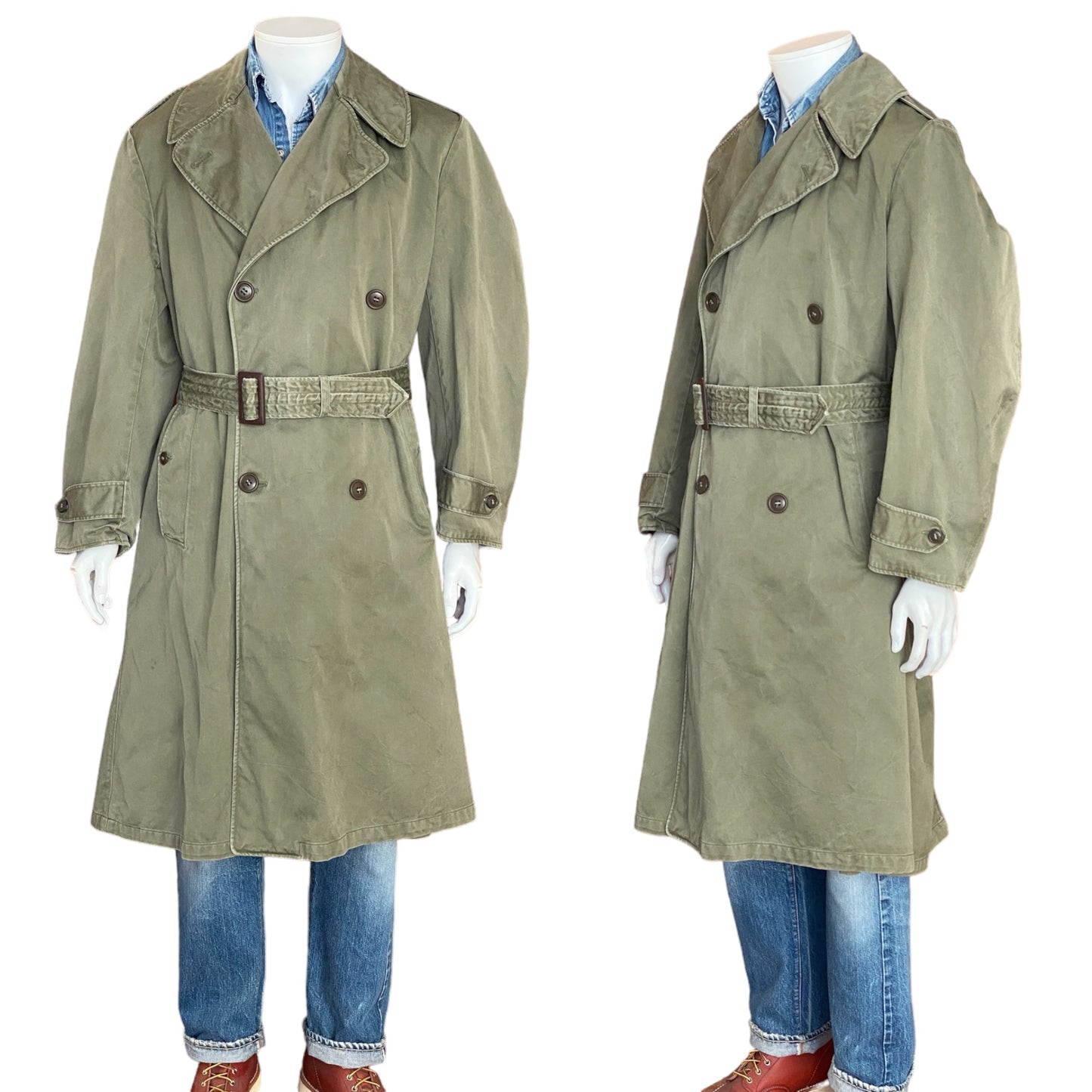 Original US Army 1950s Trench Coat: Authentic Military Vintage Apparel in Medium Regular Size. Embrace History and Style Today!