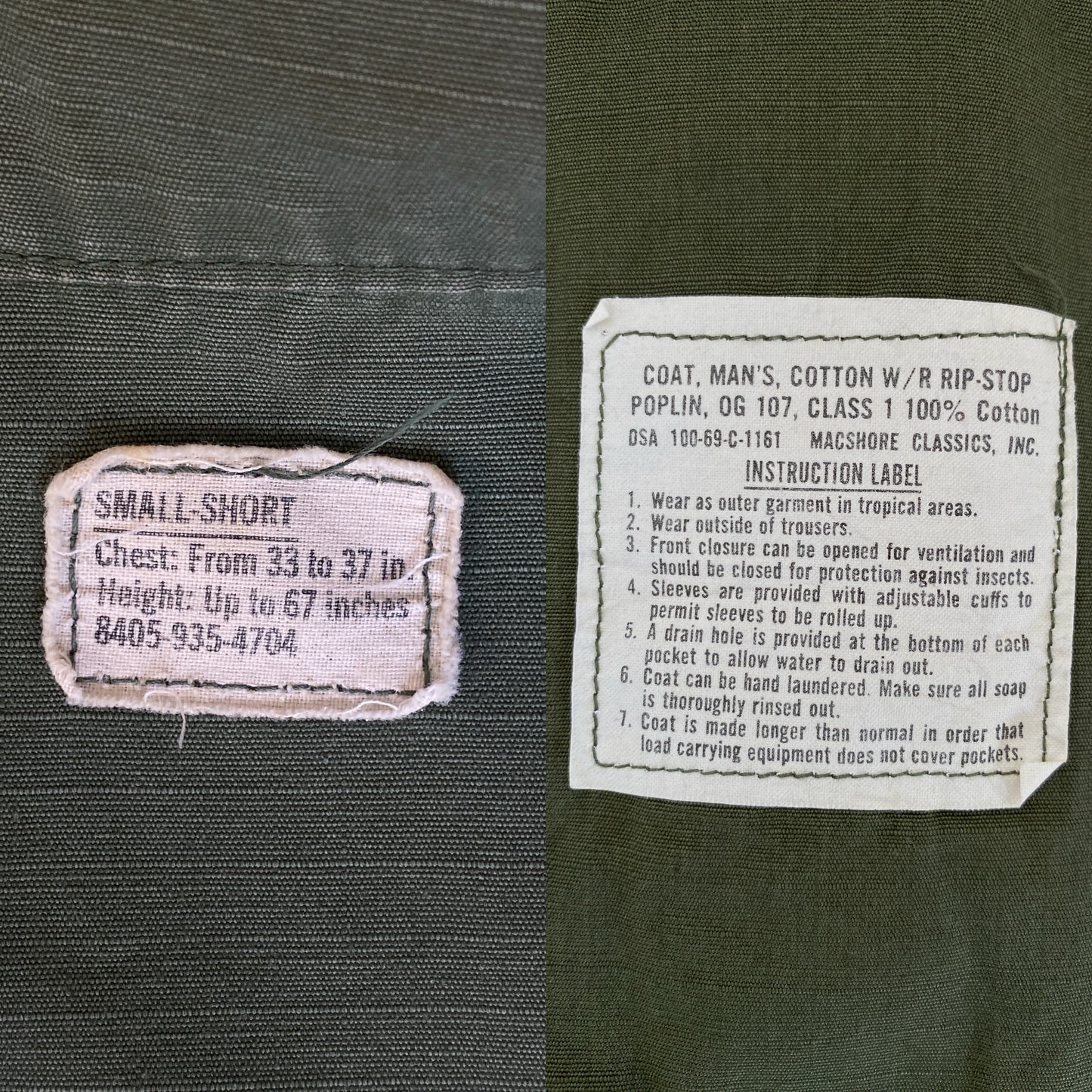 Small Short. Authentic 1969 US Army vintage Vietnam jungle jacket. Military