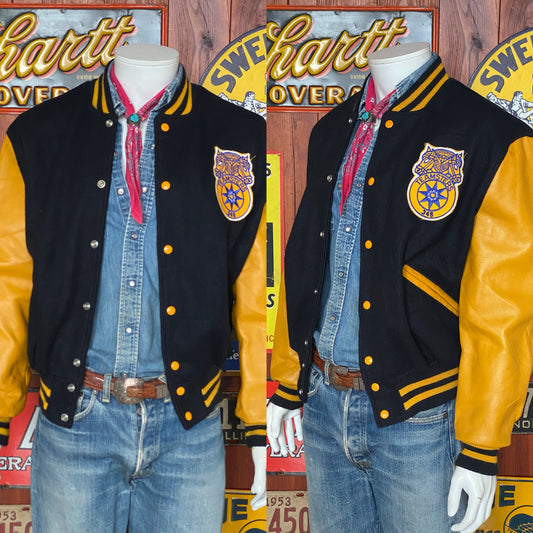 Size 44USA (54 EU) Vintage Teamster varsity leather sleeve Made In USA  jacket