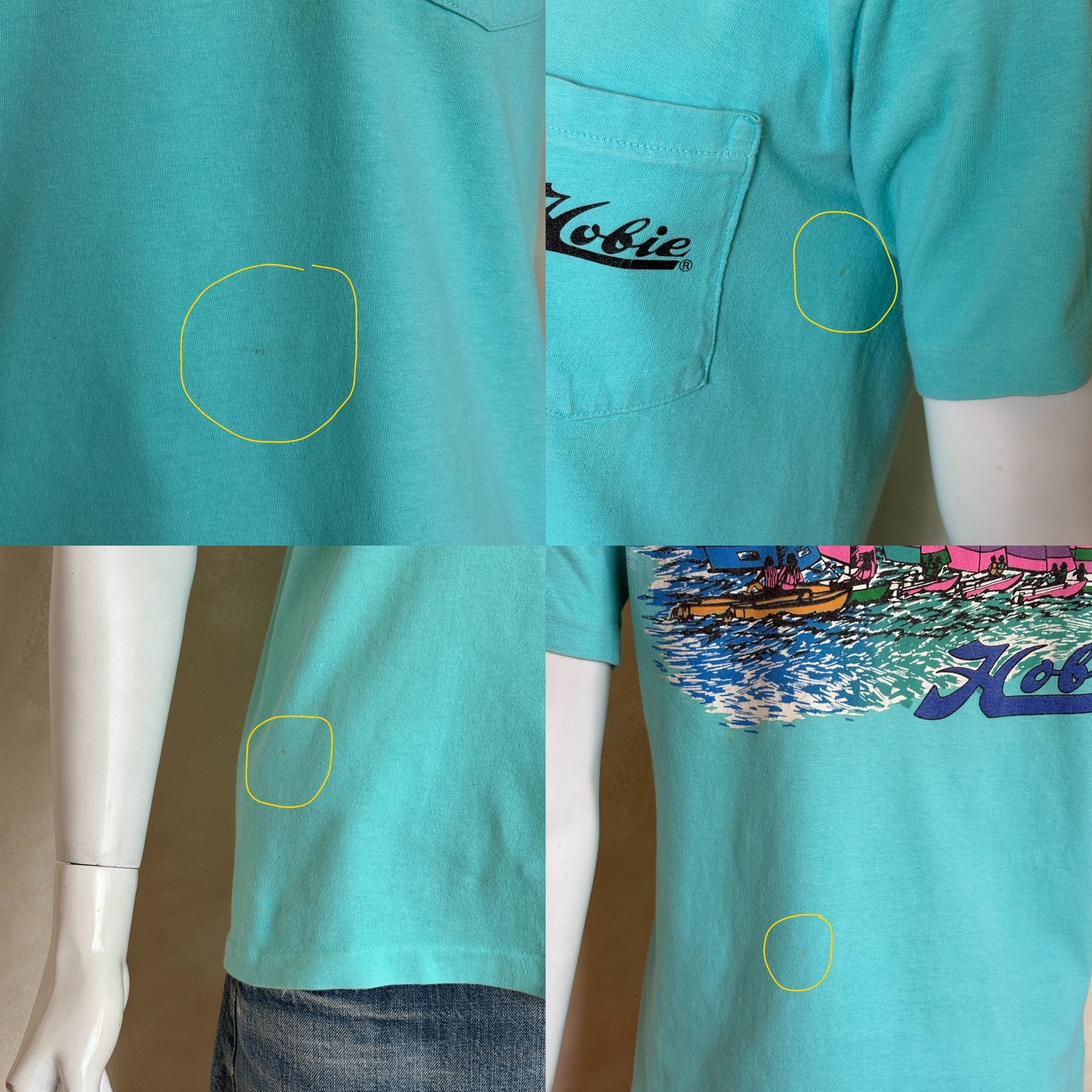 Vintage Hobie Cat sailing tee – vibrant 80s beach scene with colorful catamarans. Large