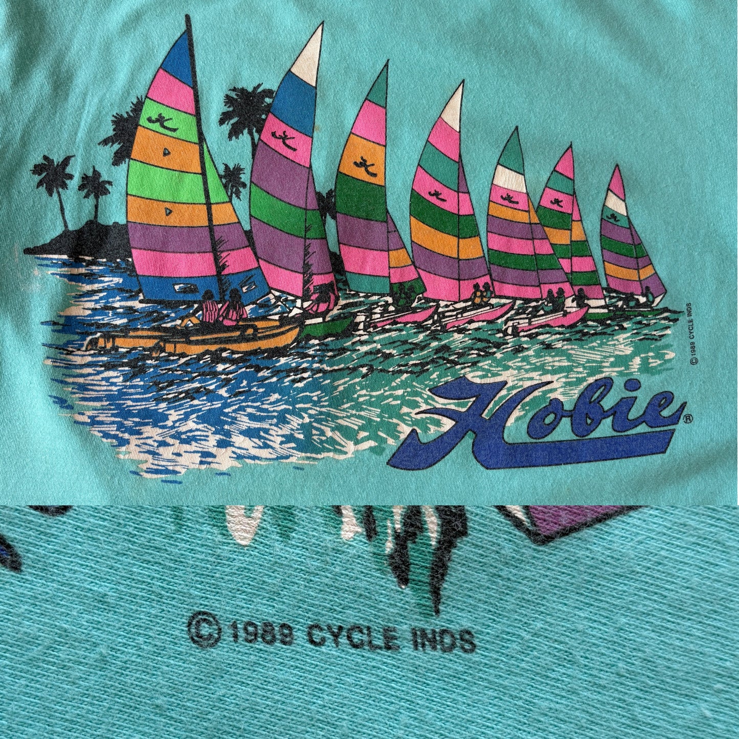 Vintage Hobie Cat sailing tee – vibrant 80s beach scene with colorful catamarans. Large