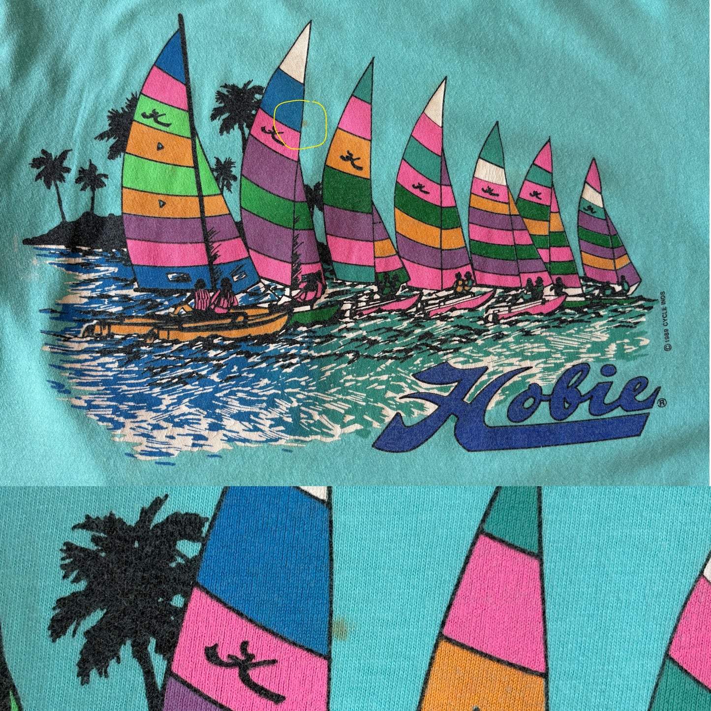 Vintage Hobie Cat sailing tee – vibrant 80s beach scene with colorful catamarans. Large