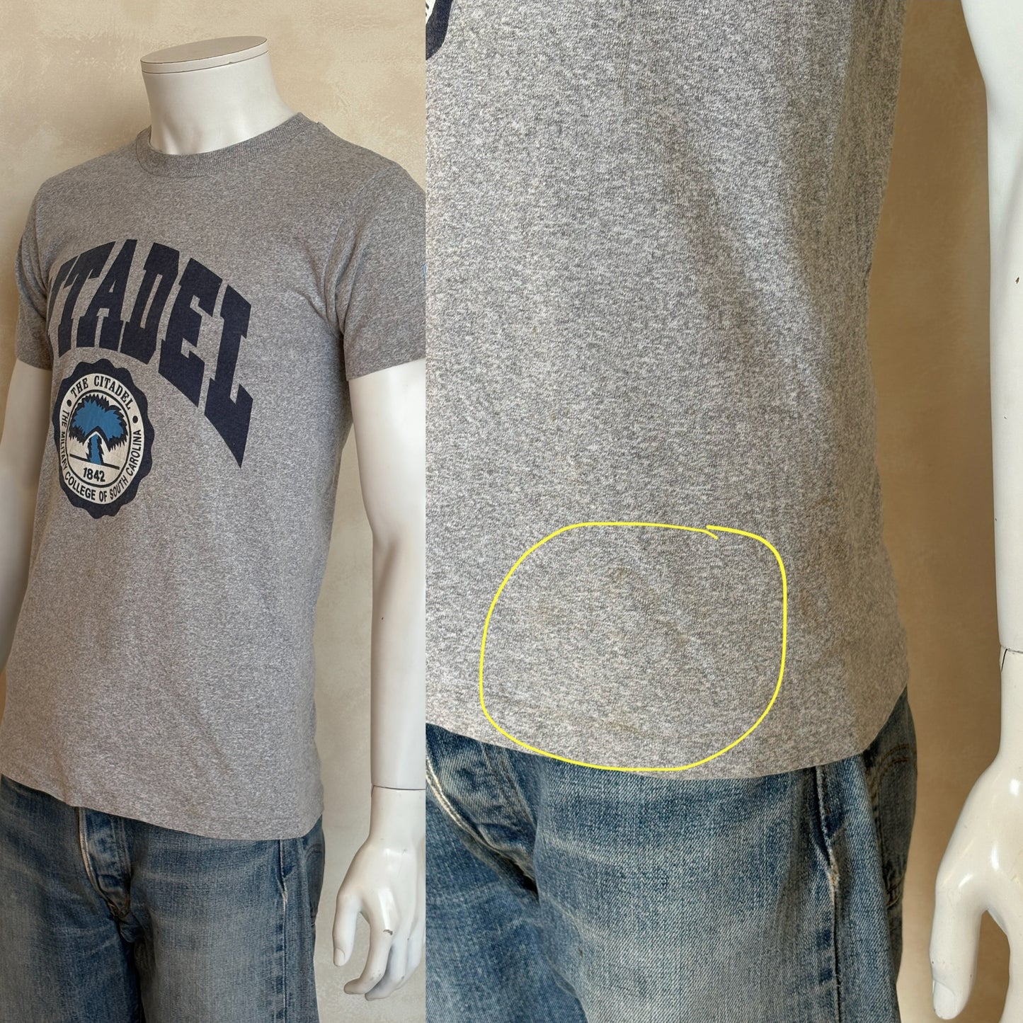 Vintage 80s Citadel tee – classic military college style from South Carolina’s iconic institution. Small