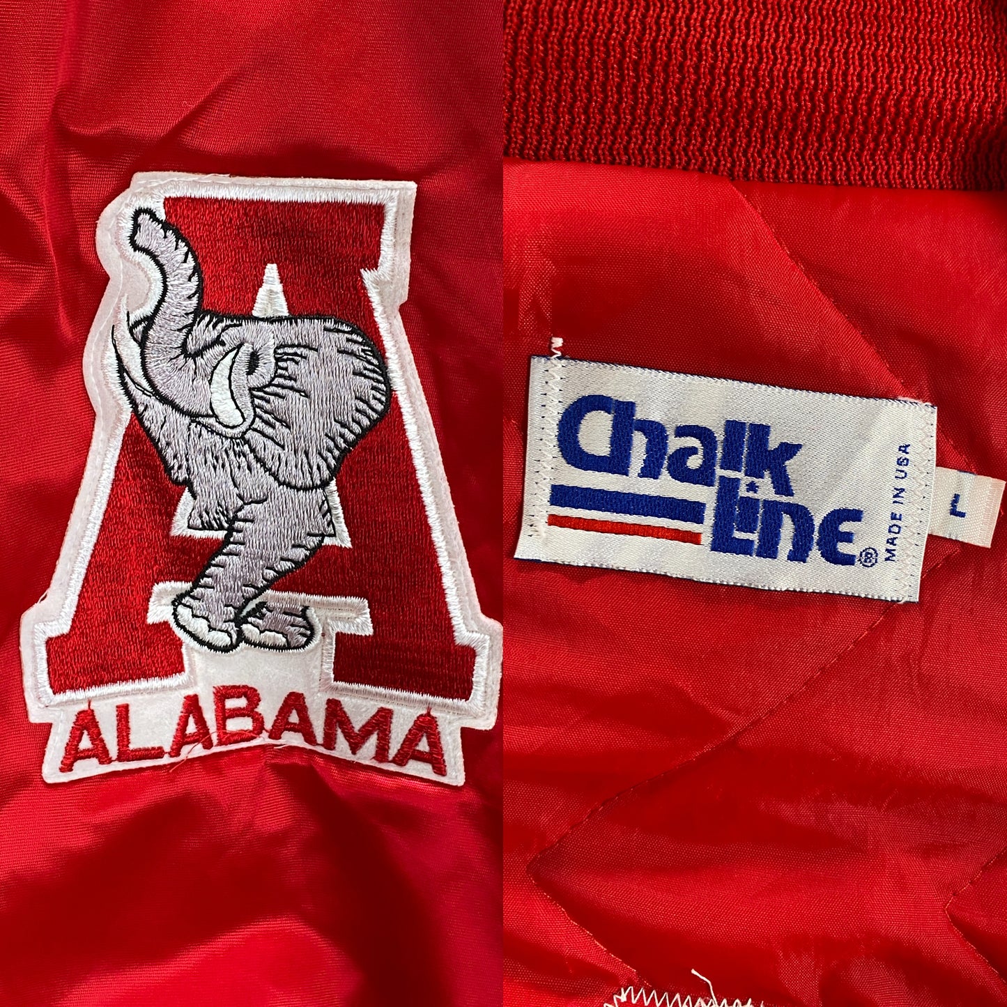 Size Large. Alabama Crimson Tide Vintage 80s Satin Varsity Jacket by Chalk Line – Made in USA